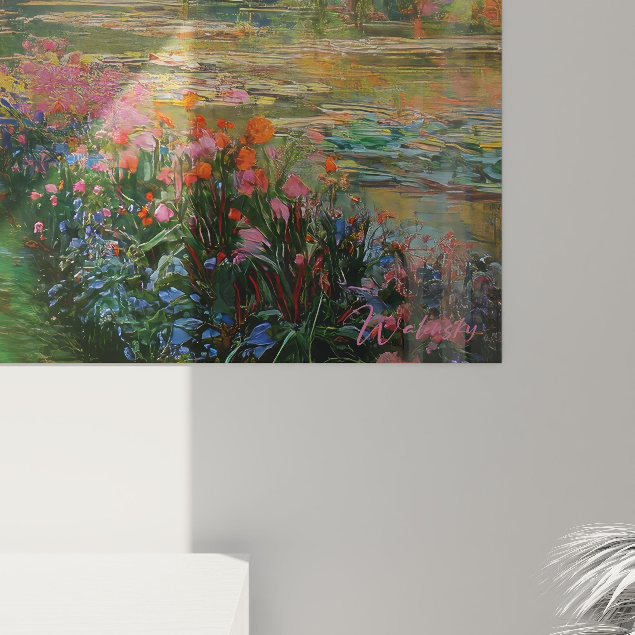 Vue ensemble tableau jardin impressionniste étang saules pleureurs décoration murale