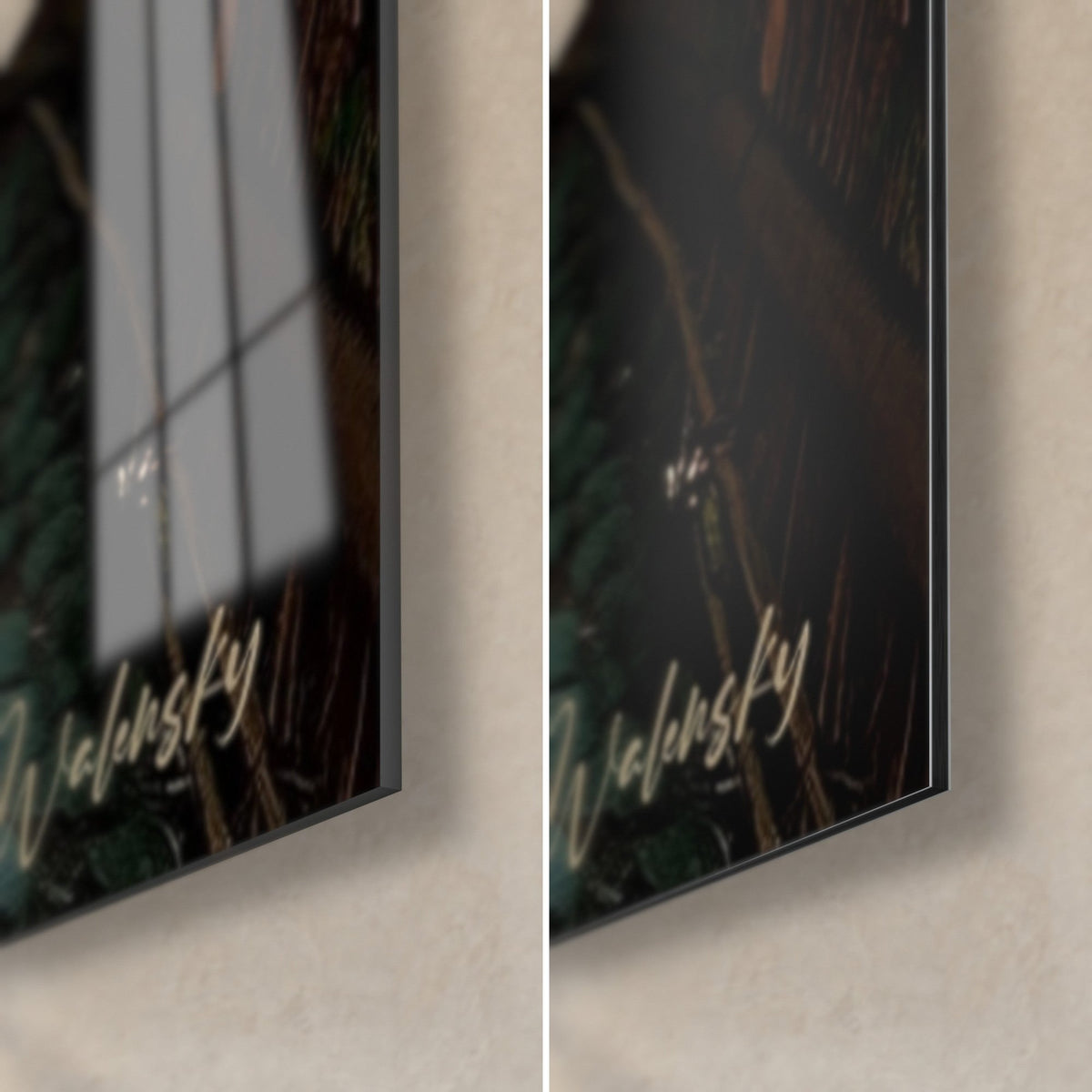 Wall art turquoise and ochre bamboo forest, bottom right corner, glossy acrylic glass with reflections and matte Dibond aluminum, 3 mm thickness