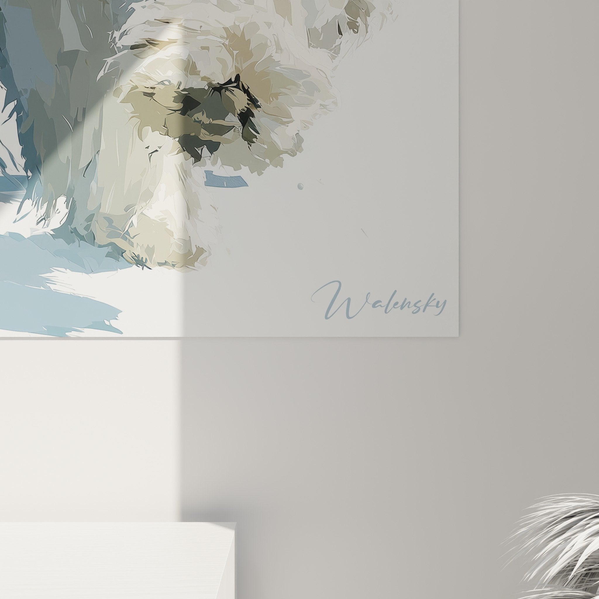 Vue d'ensemble tableau komondor blanc mouvement, integration decoration interieur contemporain