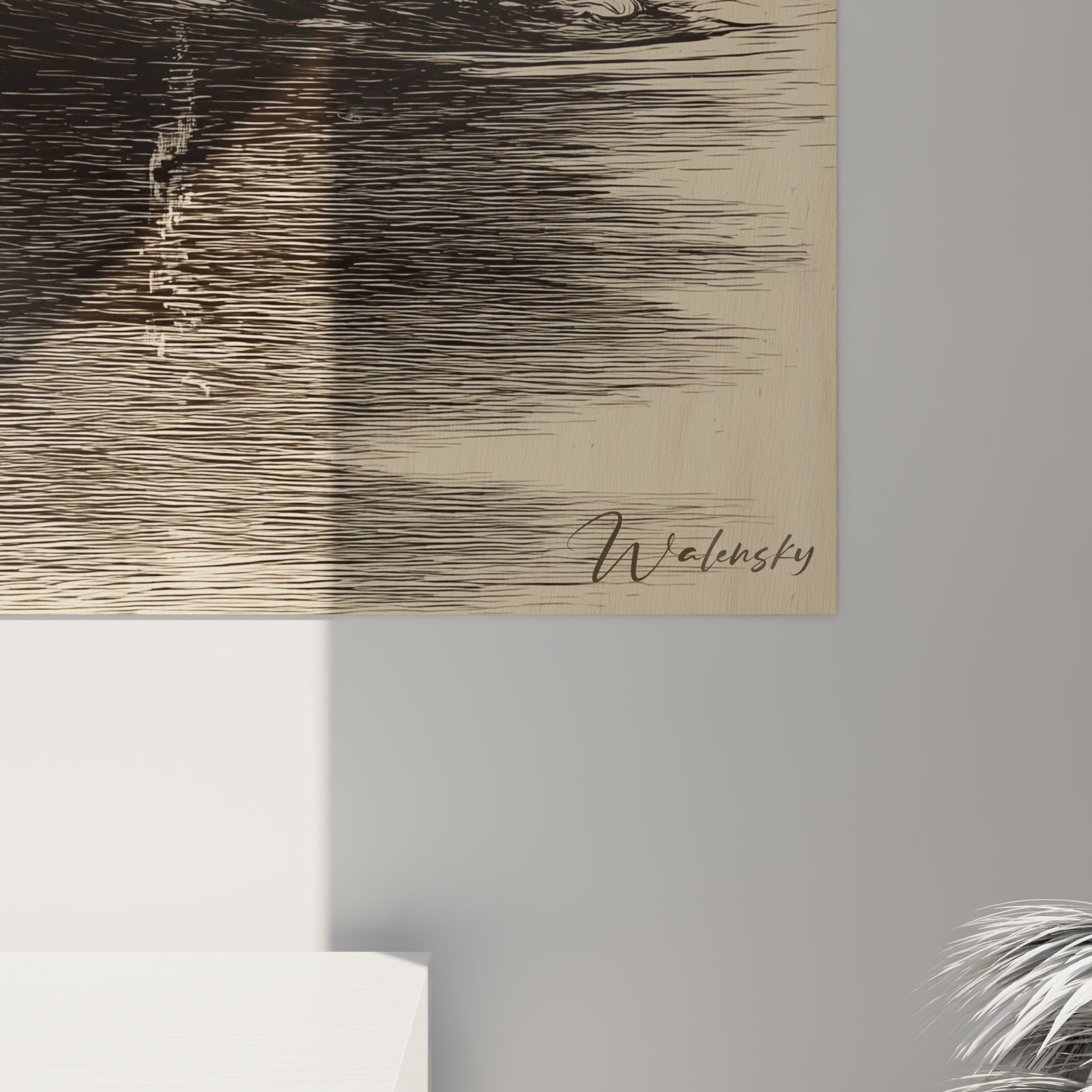 Portrait overview black aquatic Labrador, wall art engraving style natural tones