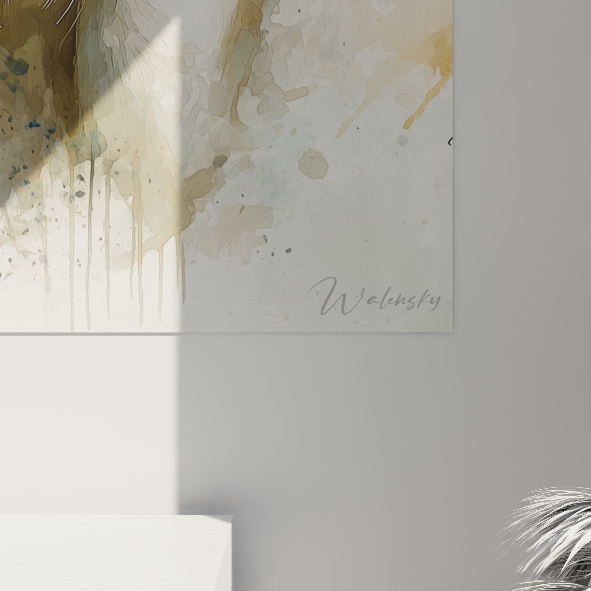 Overview of white Labrador watercolor painting with artistic drips in bright modern interior