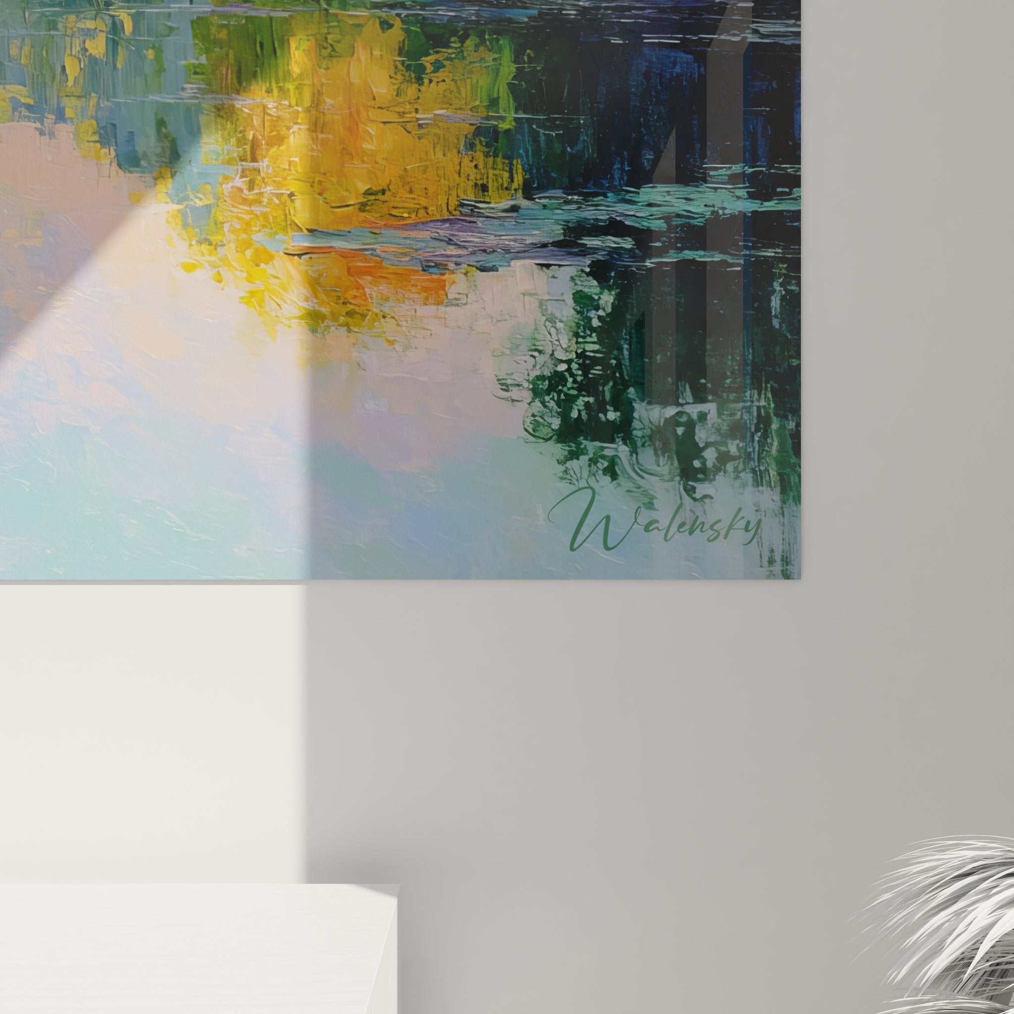 Vue ensemble tableau lac paisible reflets arbres composition artistique complète