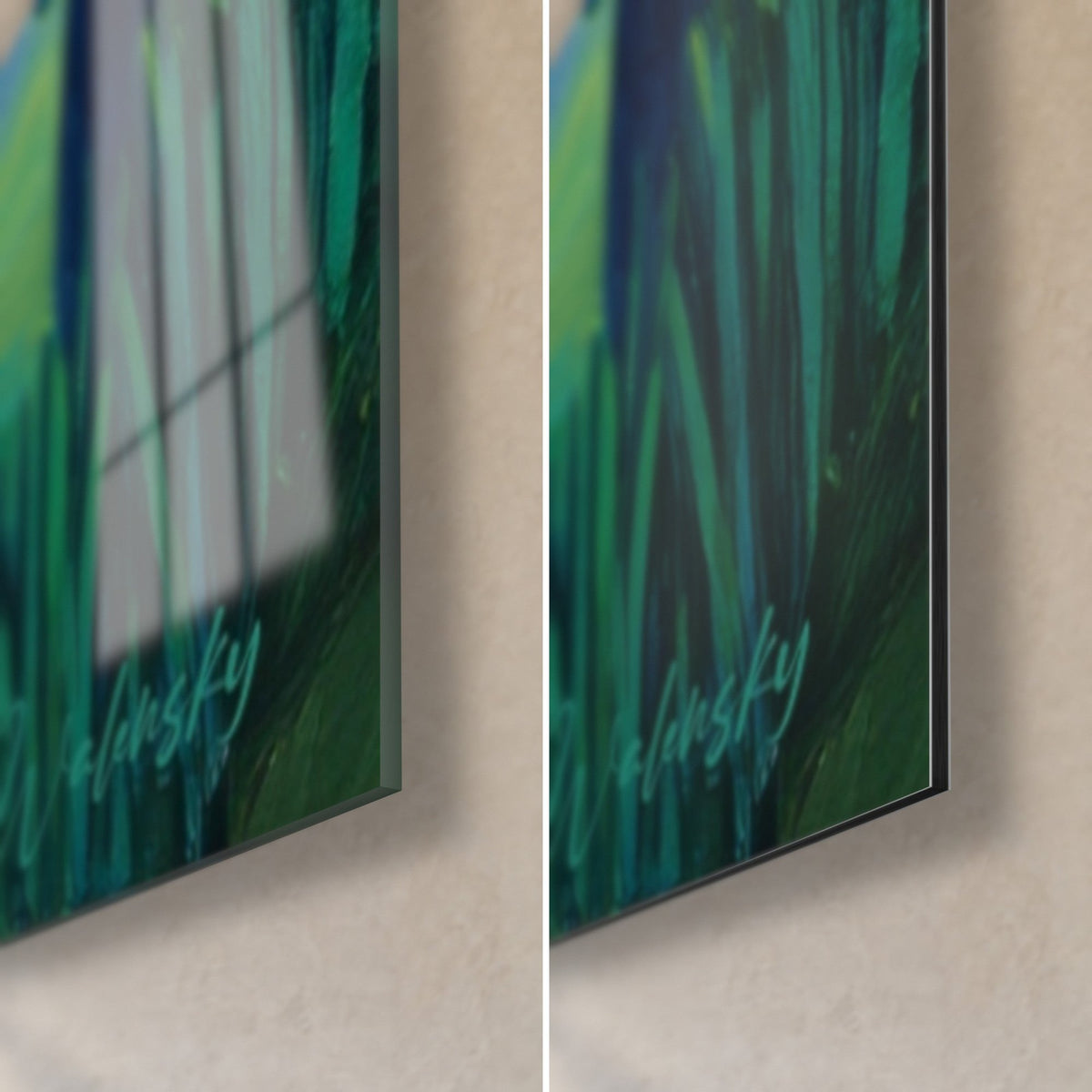 Wall art pond with dark green reeds and deep blue, lower right corner, glossy glass reflecting the window, matte Dibond on the right