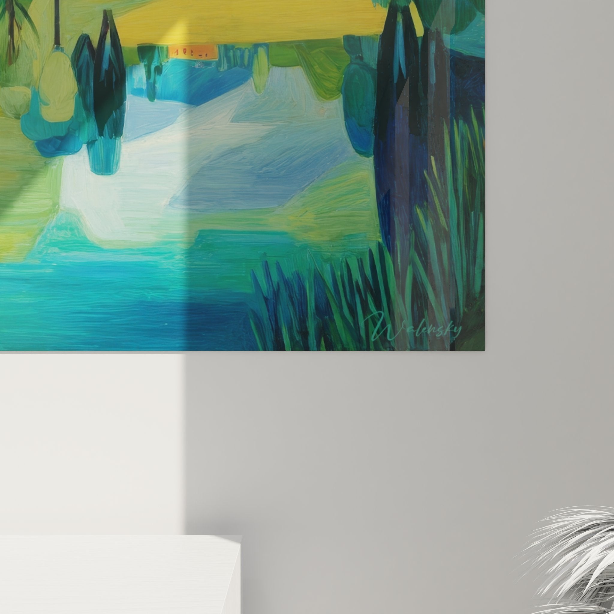 Vue ensemble tableau lac coloré reflets automne art mural paysage contemporain