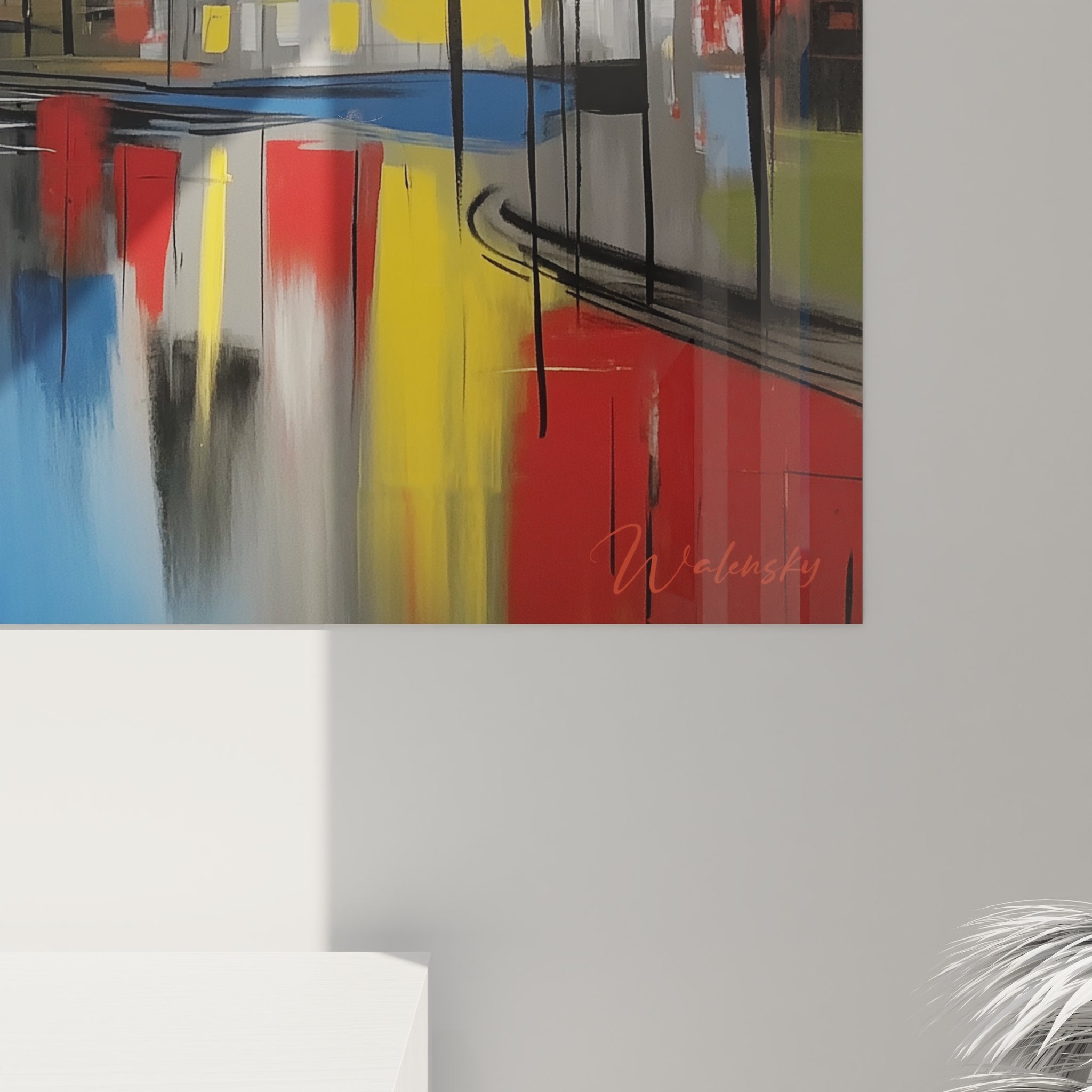 Vue ensemble tableau lac décoratif moderne, arbres stylisés et reflets urbains dans eau calme