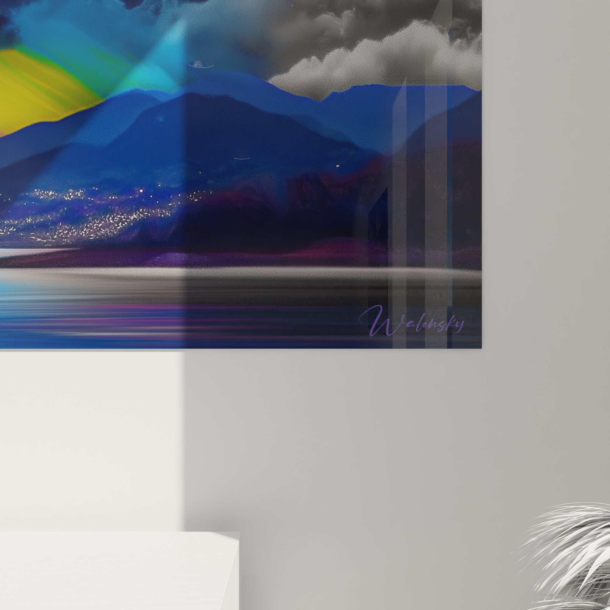 Landscape wall art painting with lake, mountains and dramatic sky in vibrant colors