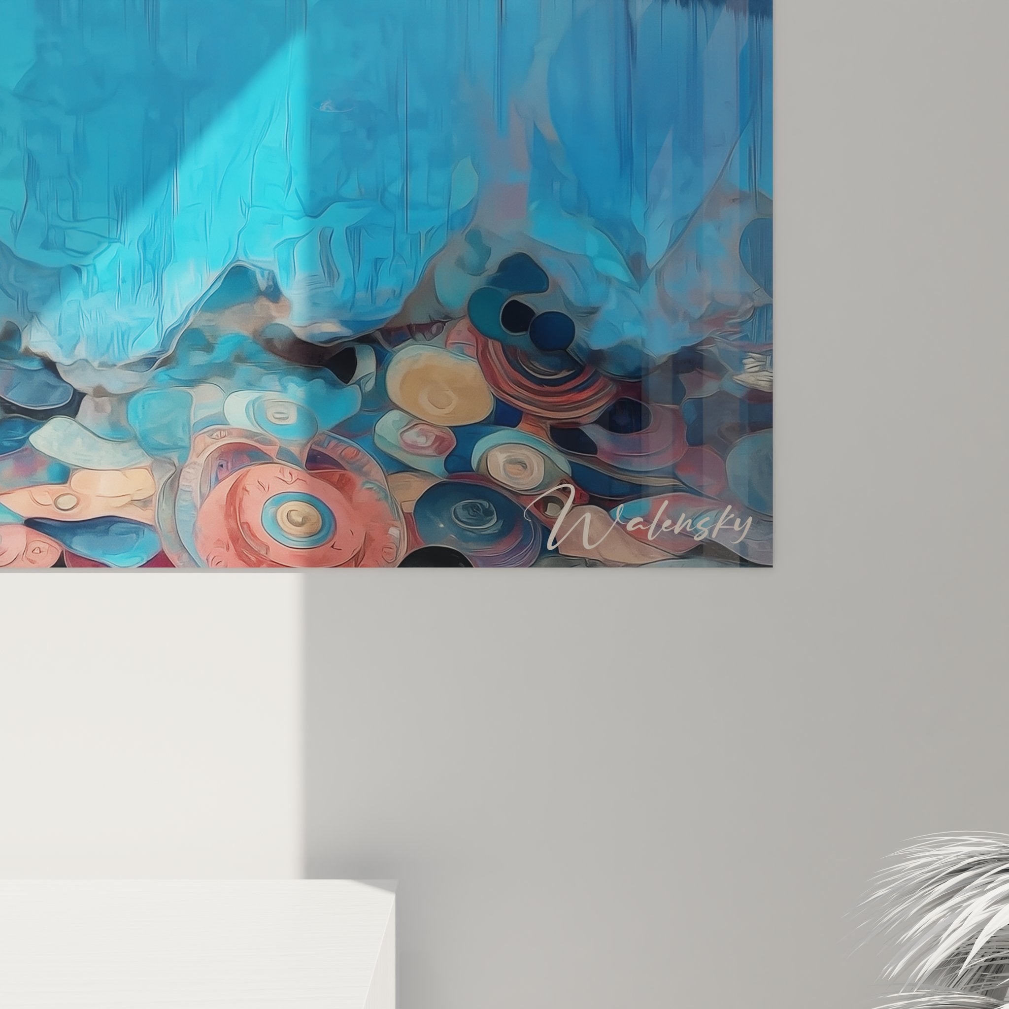 Vue ensemble tableau mural lac montagne style mystique avec forêt conifères et ciel cosmique