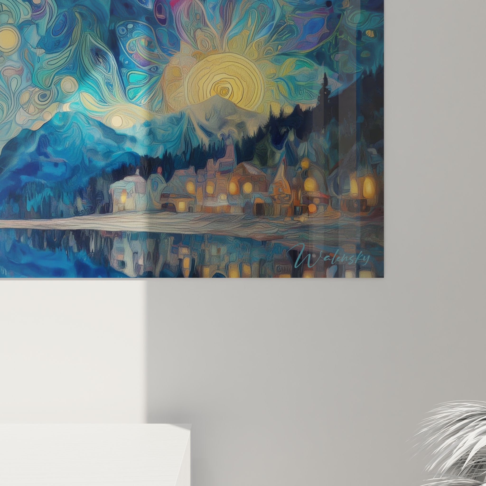 Surrealist lake wall art overview, mountainous landscape with multicolored fantastical sky