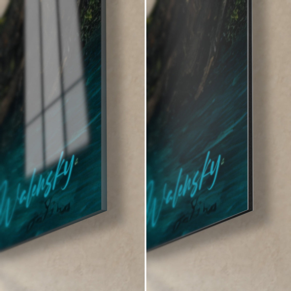 Gemälde tropische Bucht in Türkis, Ecke unten rechts: glänzendes Acrylglas links, mattes Dibond-Aluminium rechts, 3 mm Kante und Walensky-Signatur