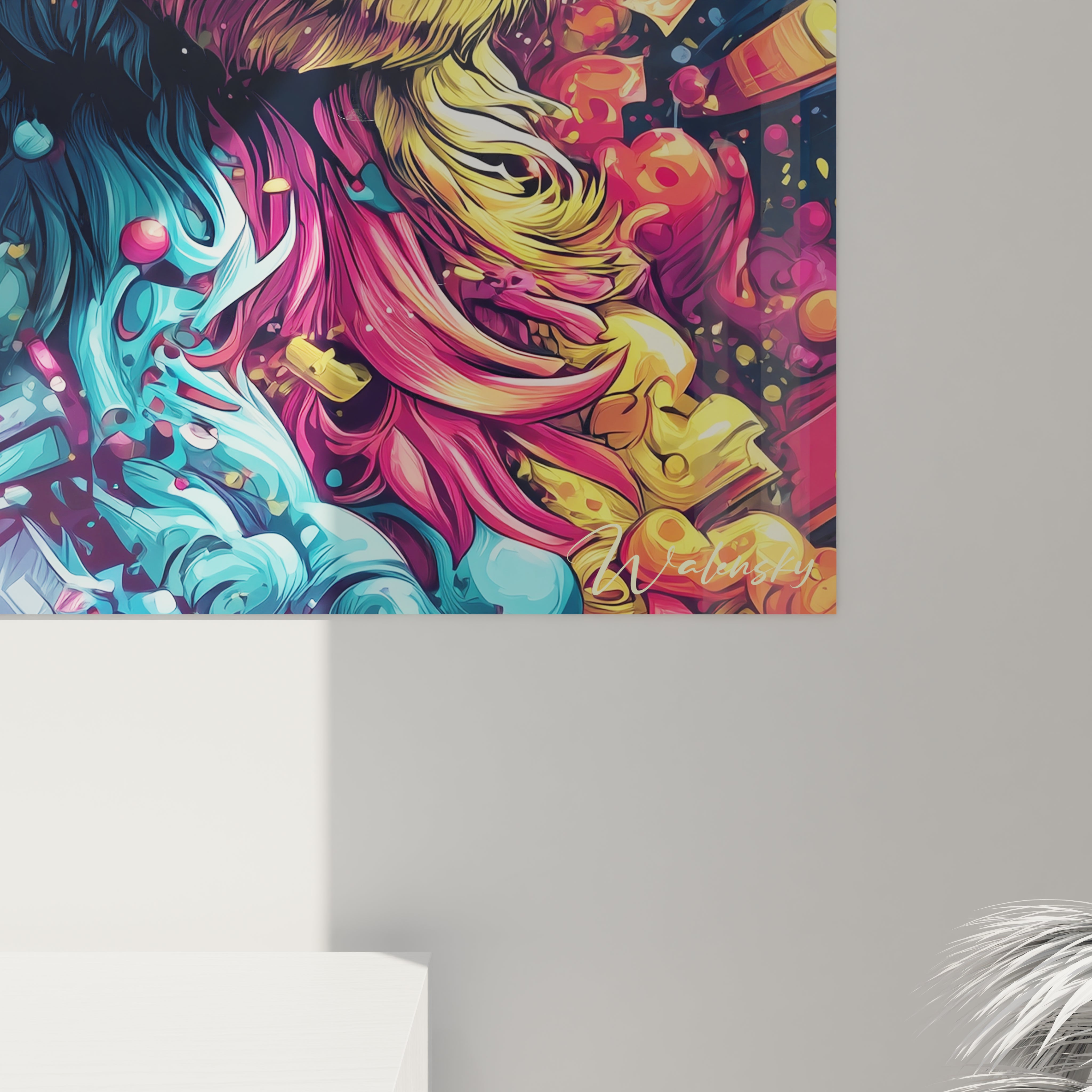 Vue ensemble tableau mural lama psychédélique lunettes colorées décoration moderne art contemporain vibrant