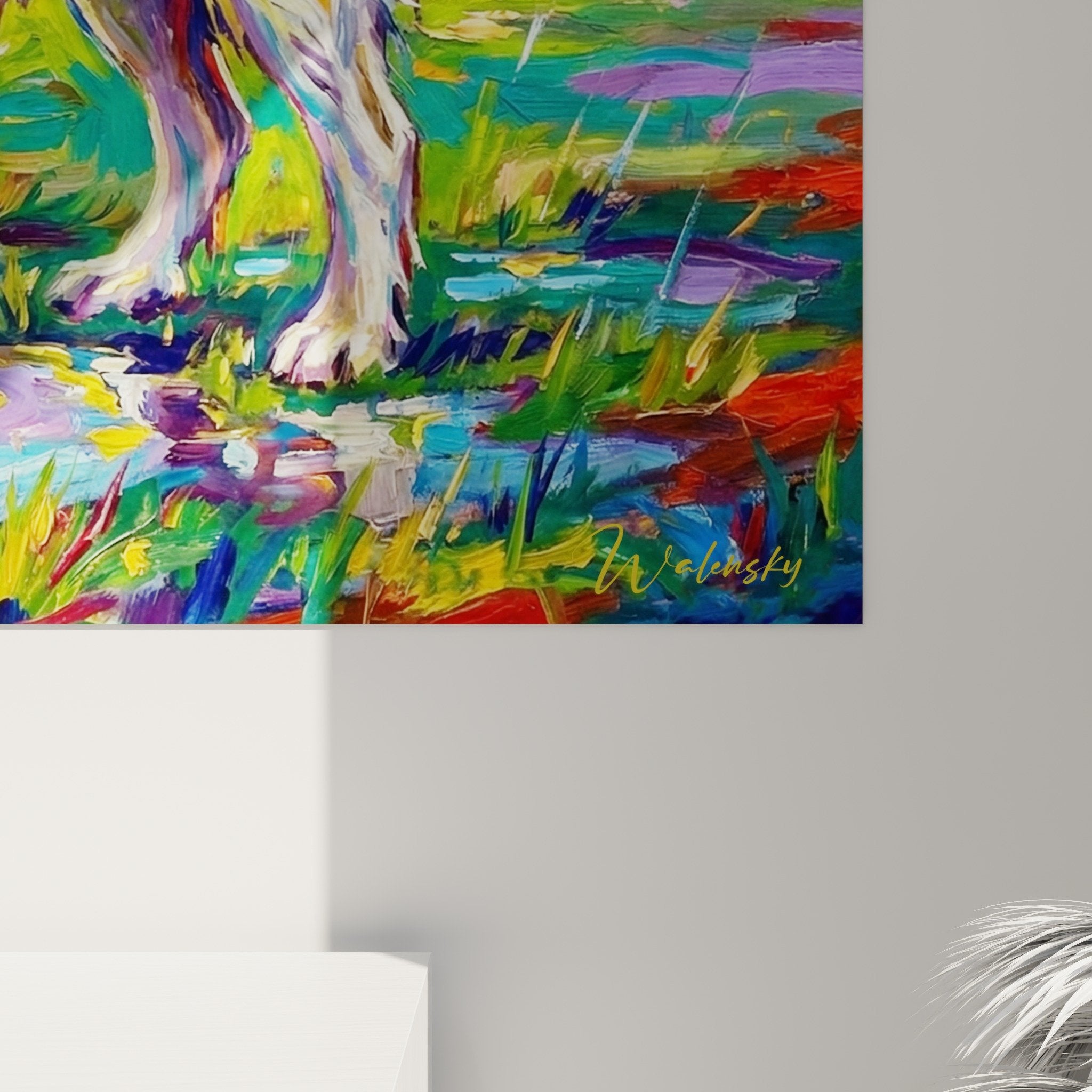 vue ensemble tableau mural landseer etang multicolore salon moderne decoration murale coloree