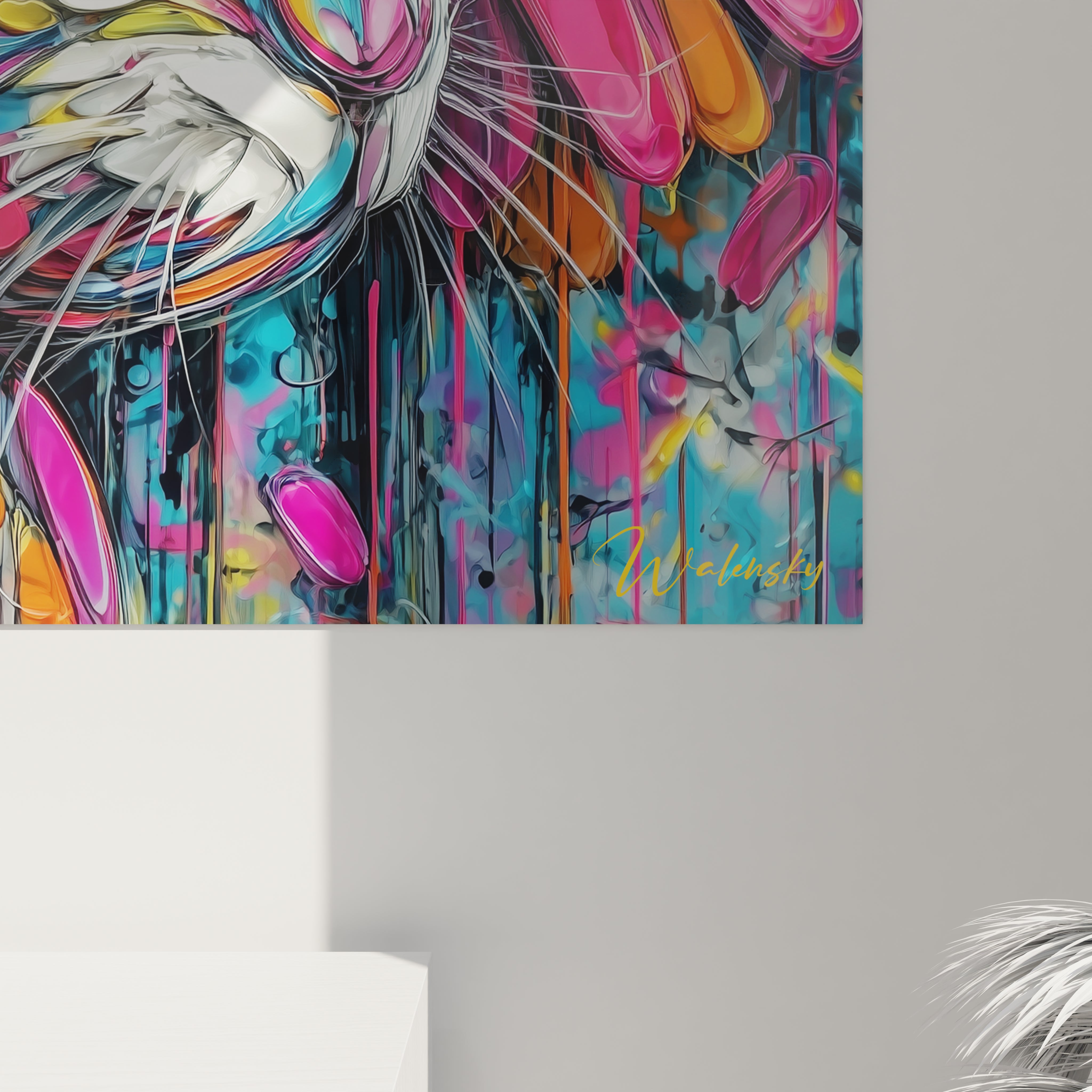 Vue ensemble tableau mural lapin psychédélique couleurs éclatantes décoration art contemporain