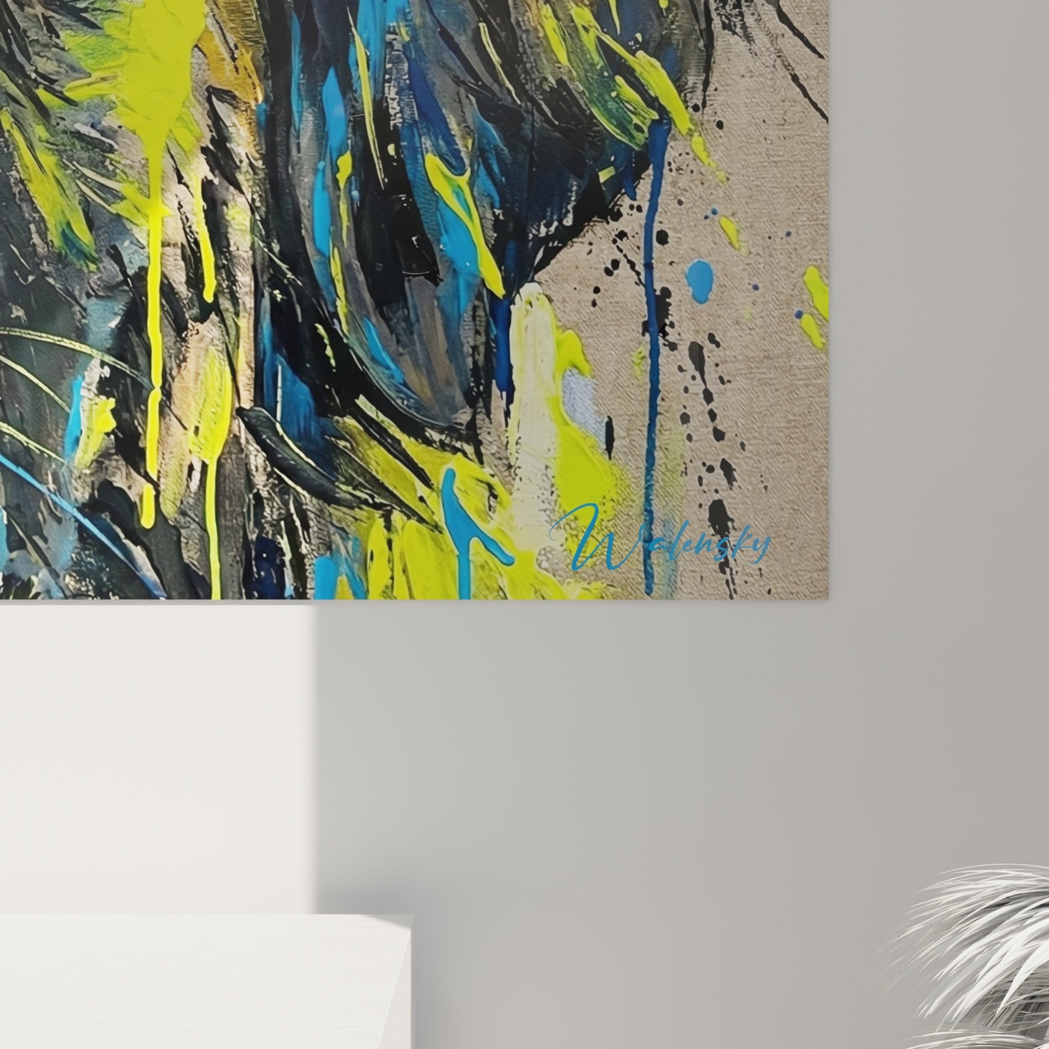 Vue d'ensemble tableau mural Leonberg portrait chien coloré jaune bleu décoration intérieure moderne artistique