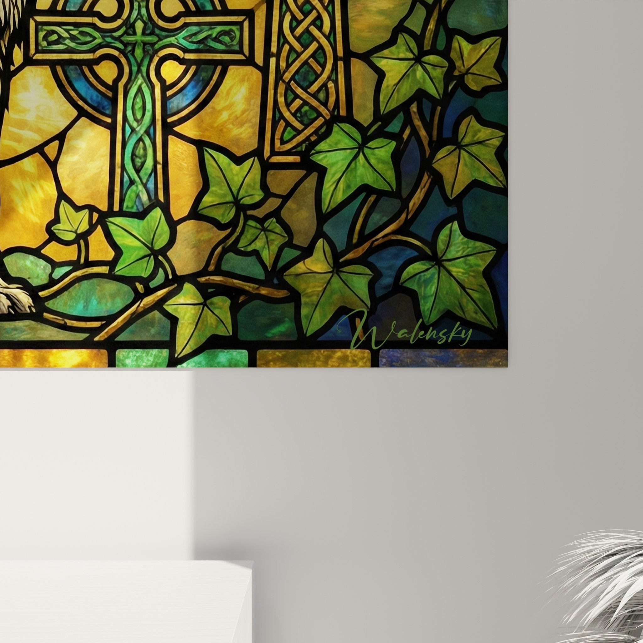 Vue d'ensemble tableau art mural Irish Wolfhound vitrail médiéval croix celtiques décoration intérieure