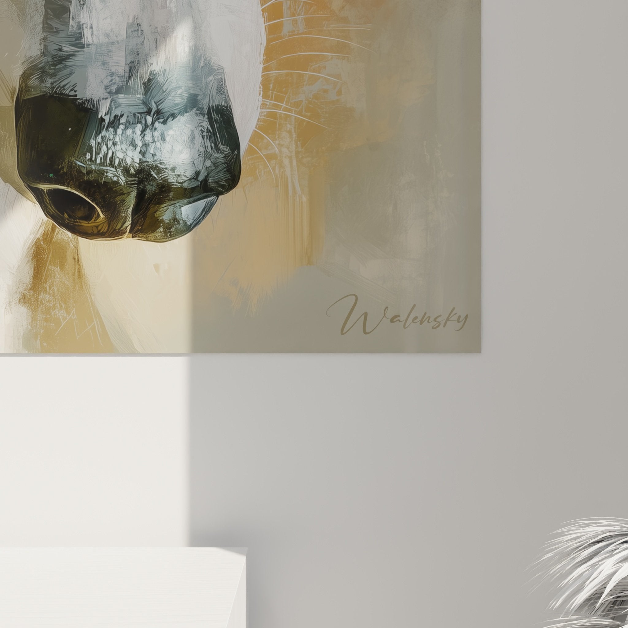 Vue ensemble tableau levrier whippet portrait canin moderne decoration interieure palette beige ocre