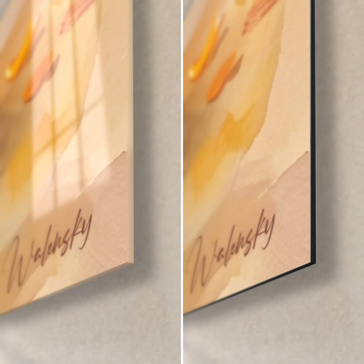 Gemälde Lhassa-Apso-Hund in Gold, unten rechts: glänzendes Acrylglas links, mattes Dibond-Aluminium rechts, Walensky-Signatur in Ocker