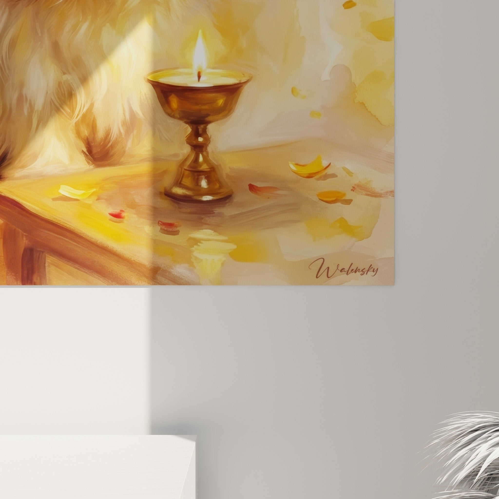 Vue ensemble tableau Lhassa Apso décoration intérieur tons chauds ambiance sereine authentique