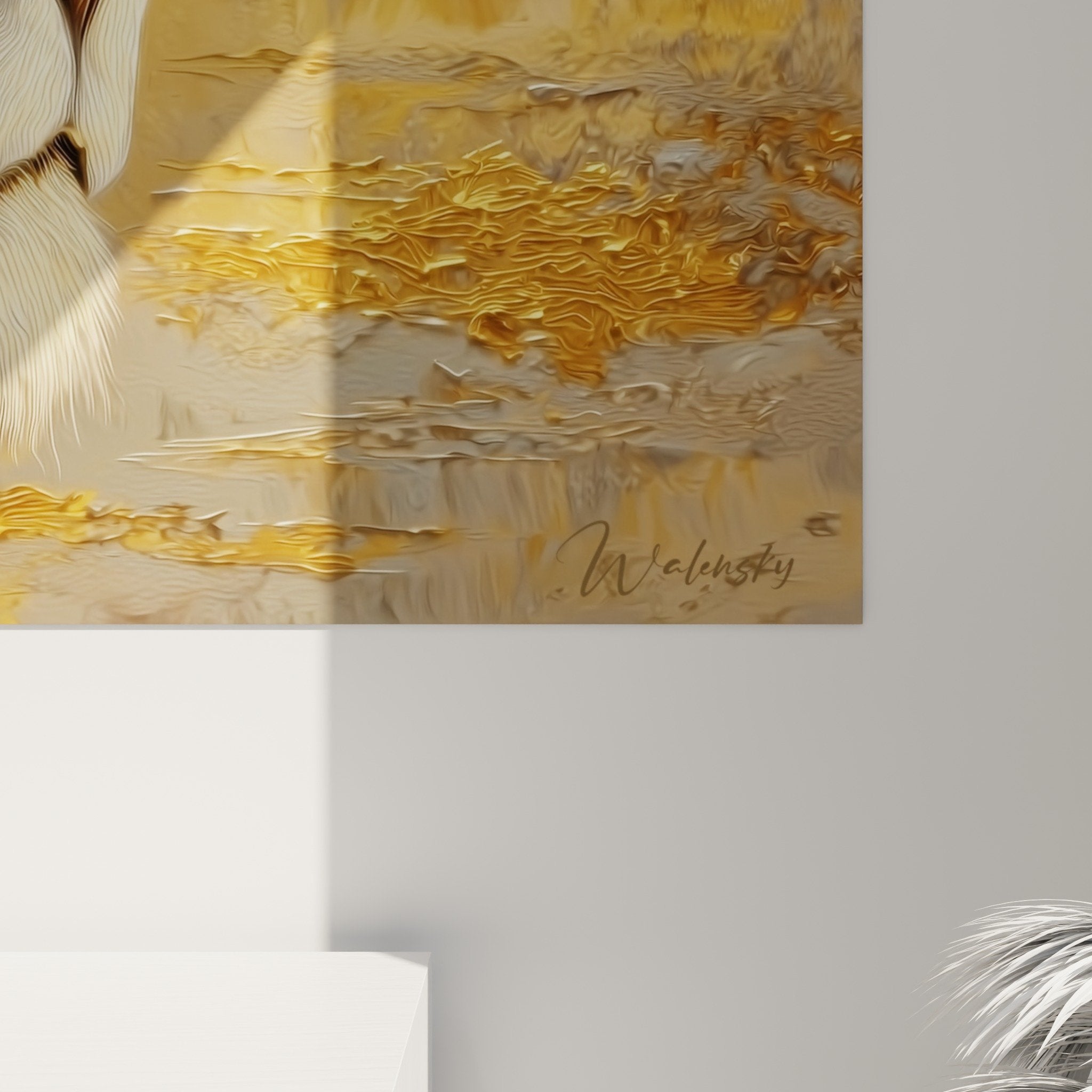 Vue ensemble tableau lion dore decoration murale profil royal tons beiges cremes