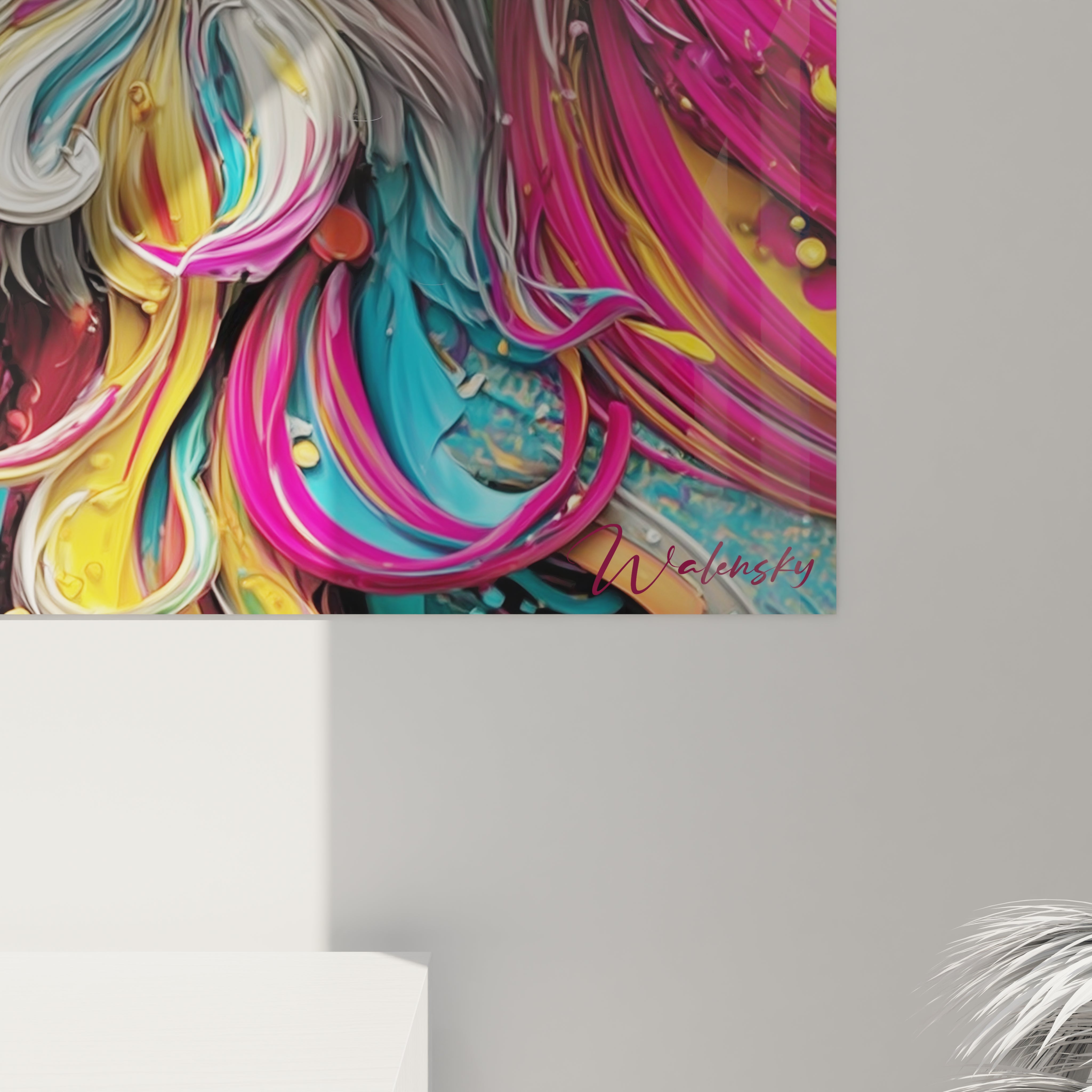 Vue d'ensemble du tableau lion psychédélique montrant l'effet décoratif dans un intérieur moderne