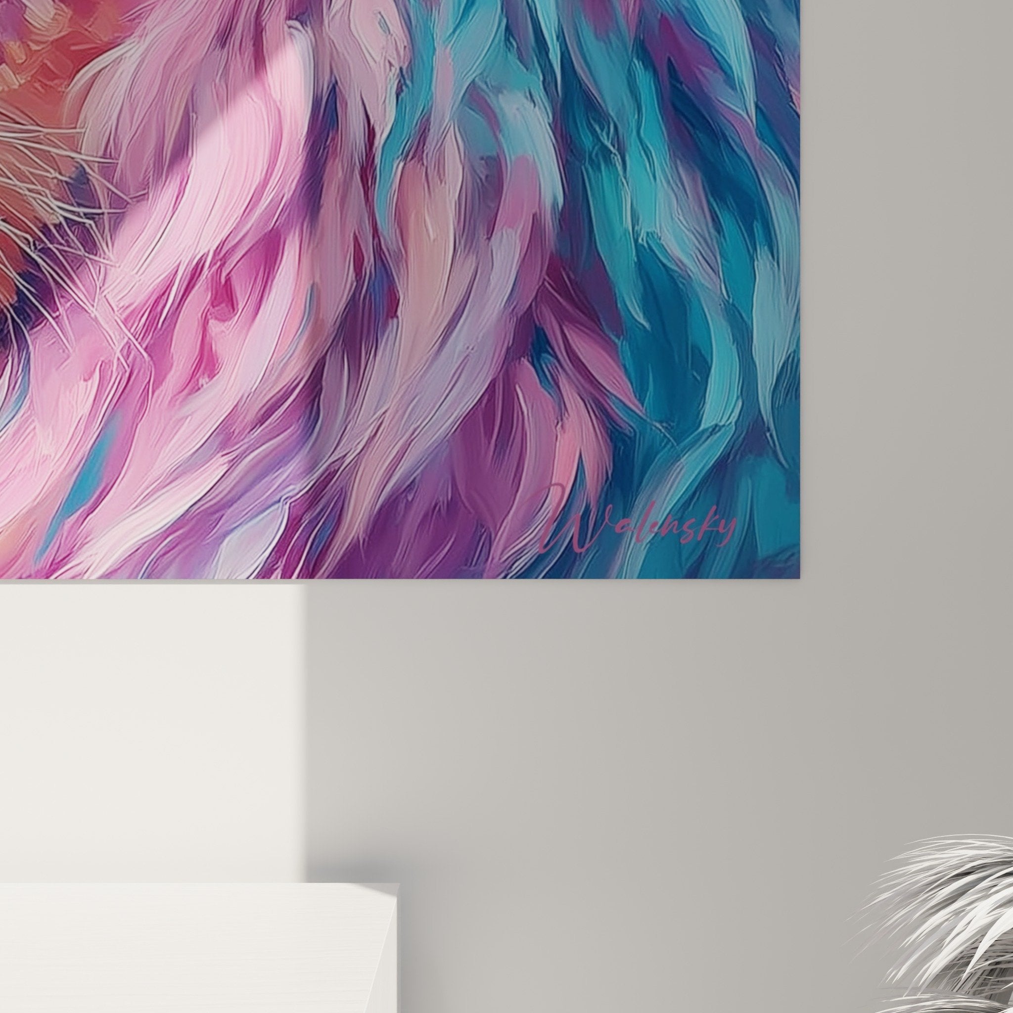 Vista d'insieme quadro leone pastello decorazione murale moderna soggiorno contemporaneo colori tenui