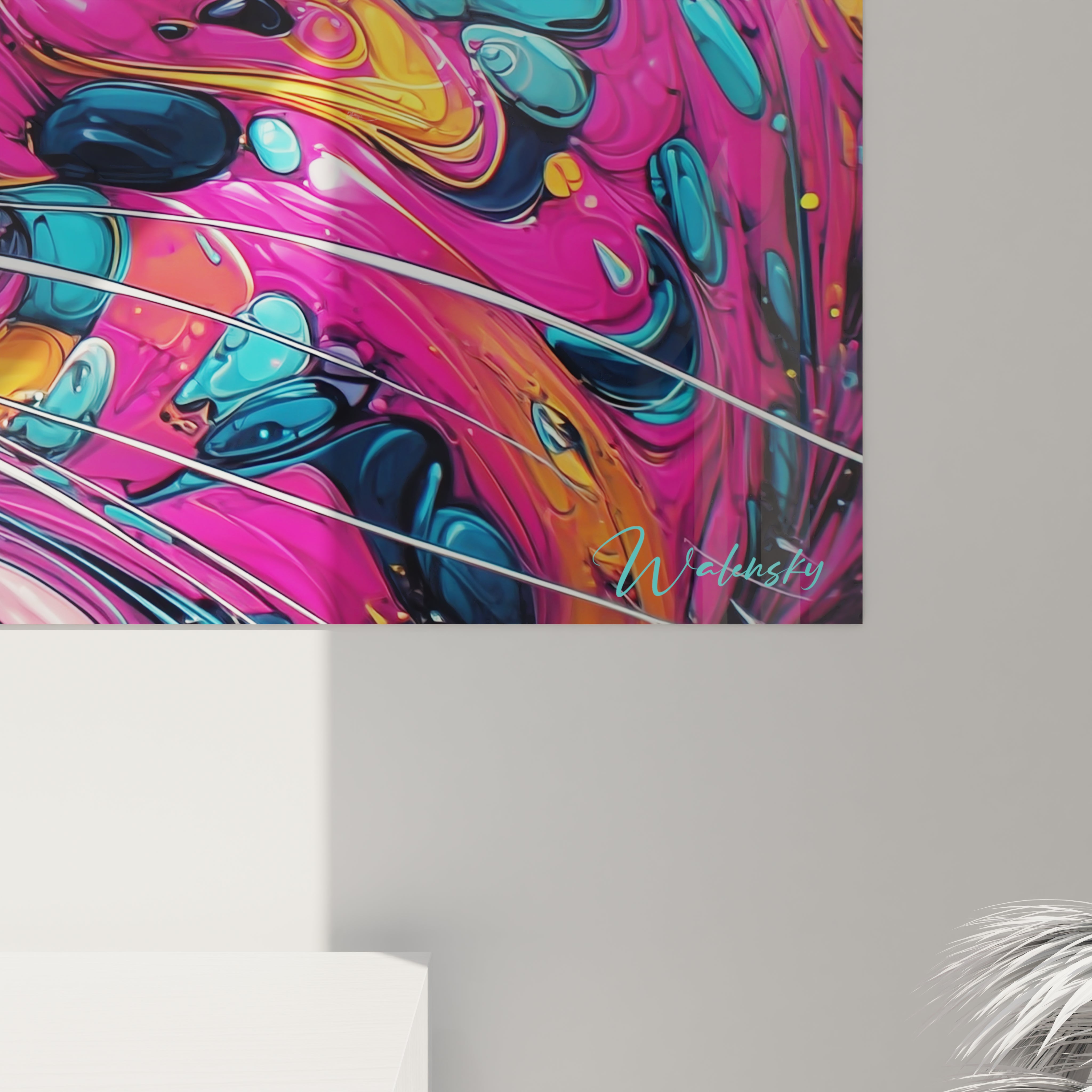 Vue ensemble tableau lion psychédélique multicolore art mural contemporain décoration design