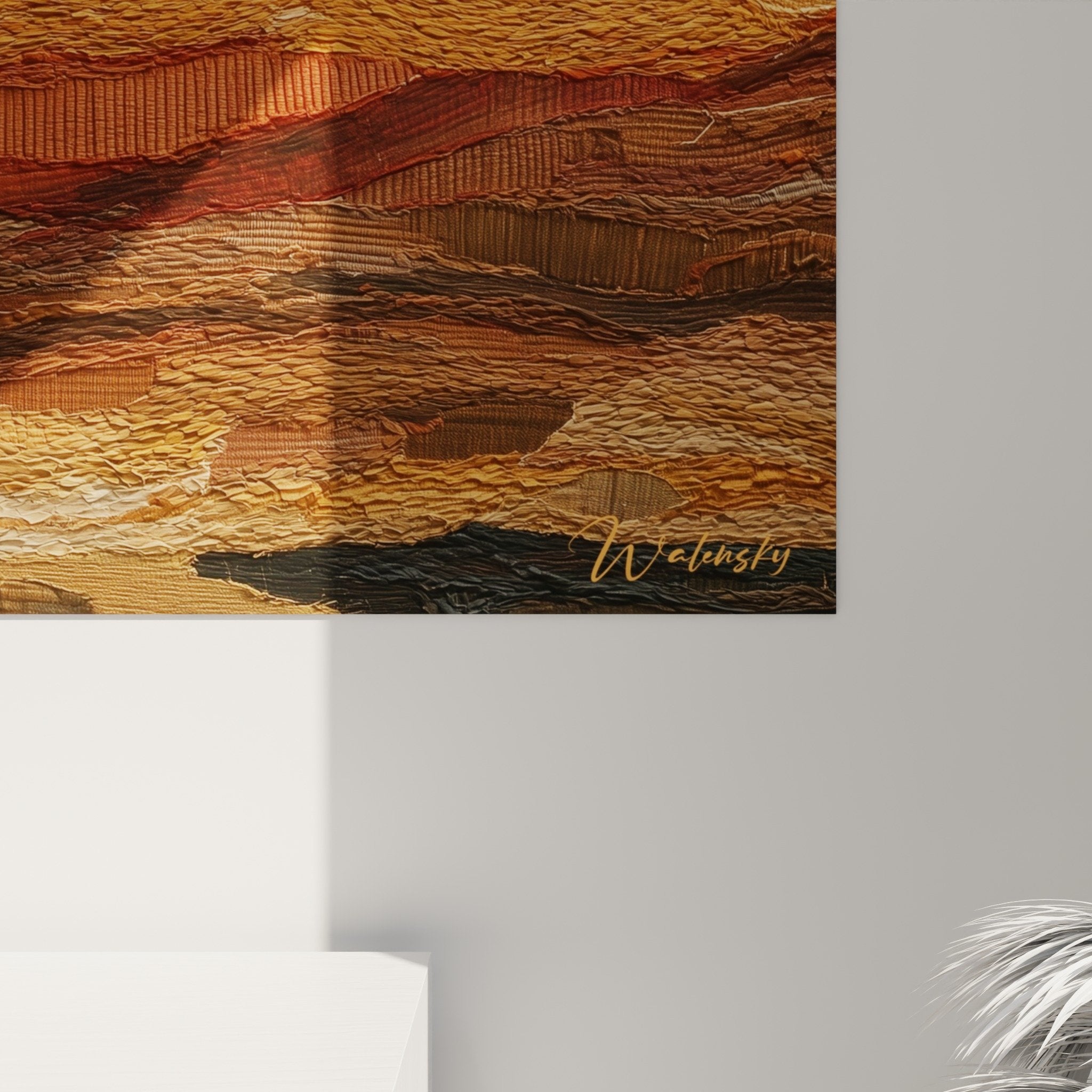 Full view of golden lion artwork on living room wall with ethnic decor and natural tones