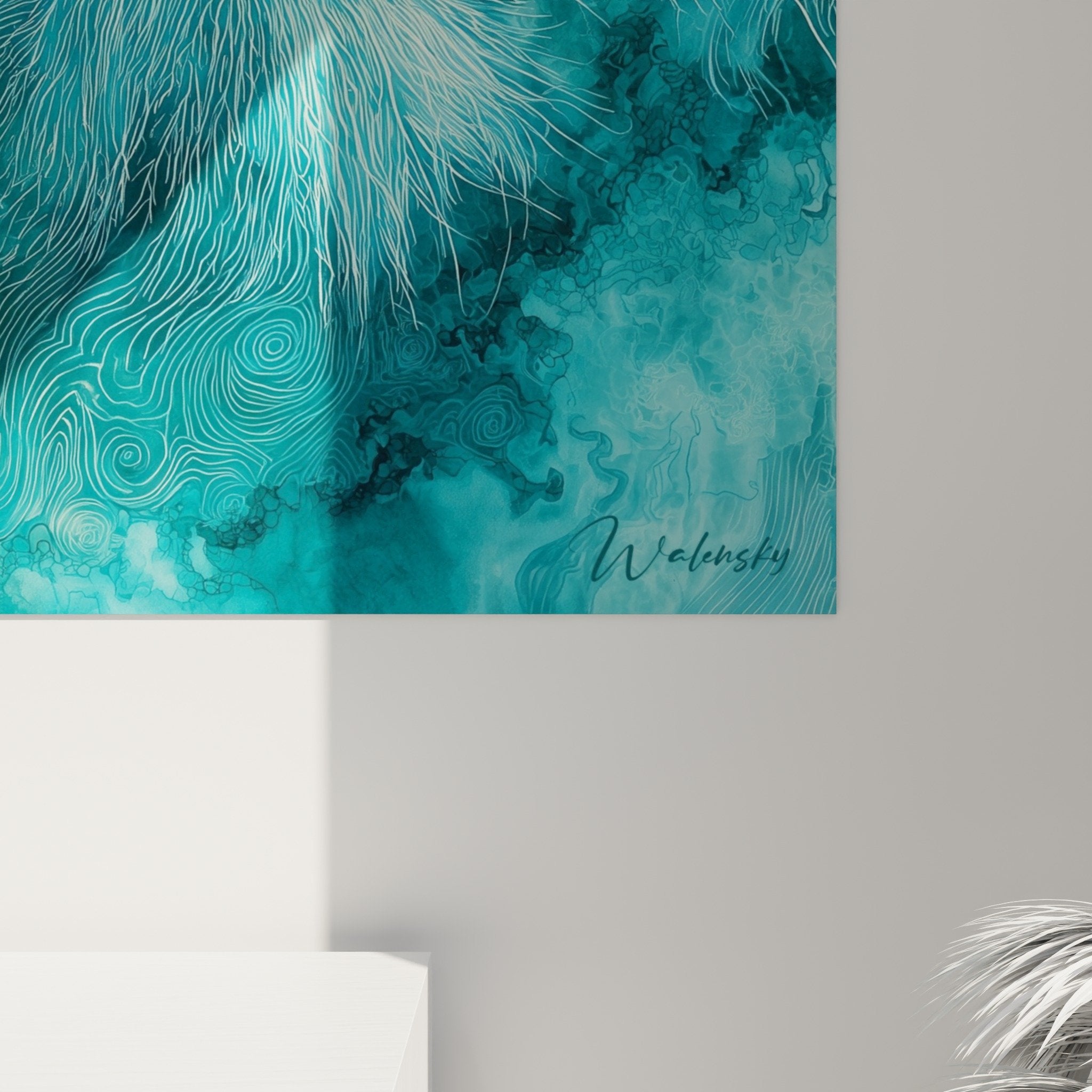 Vue d'ensemble tableau lion turquoise dans intérieur moderne décoration murale art contemporain félin