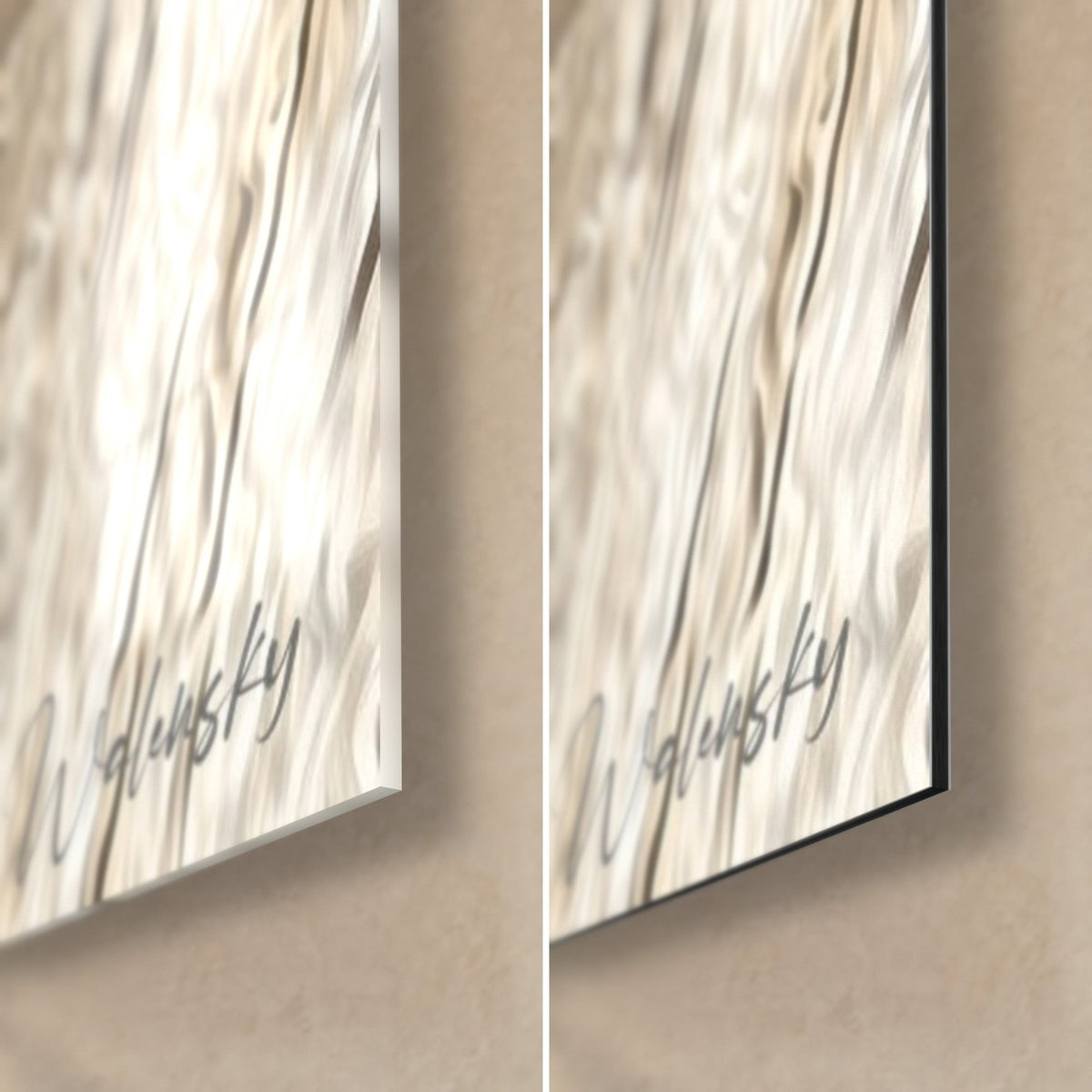 Tableau lionne endormie, coin bas droit en verre brillant aux reflets et Dibond mat noir, signature Walensky, tranche de 3 mm