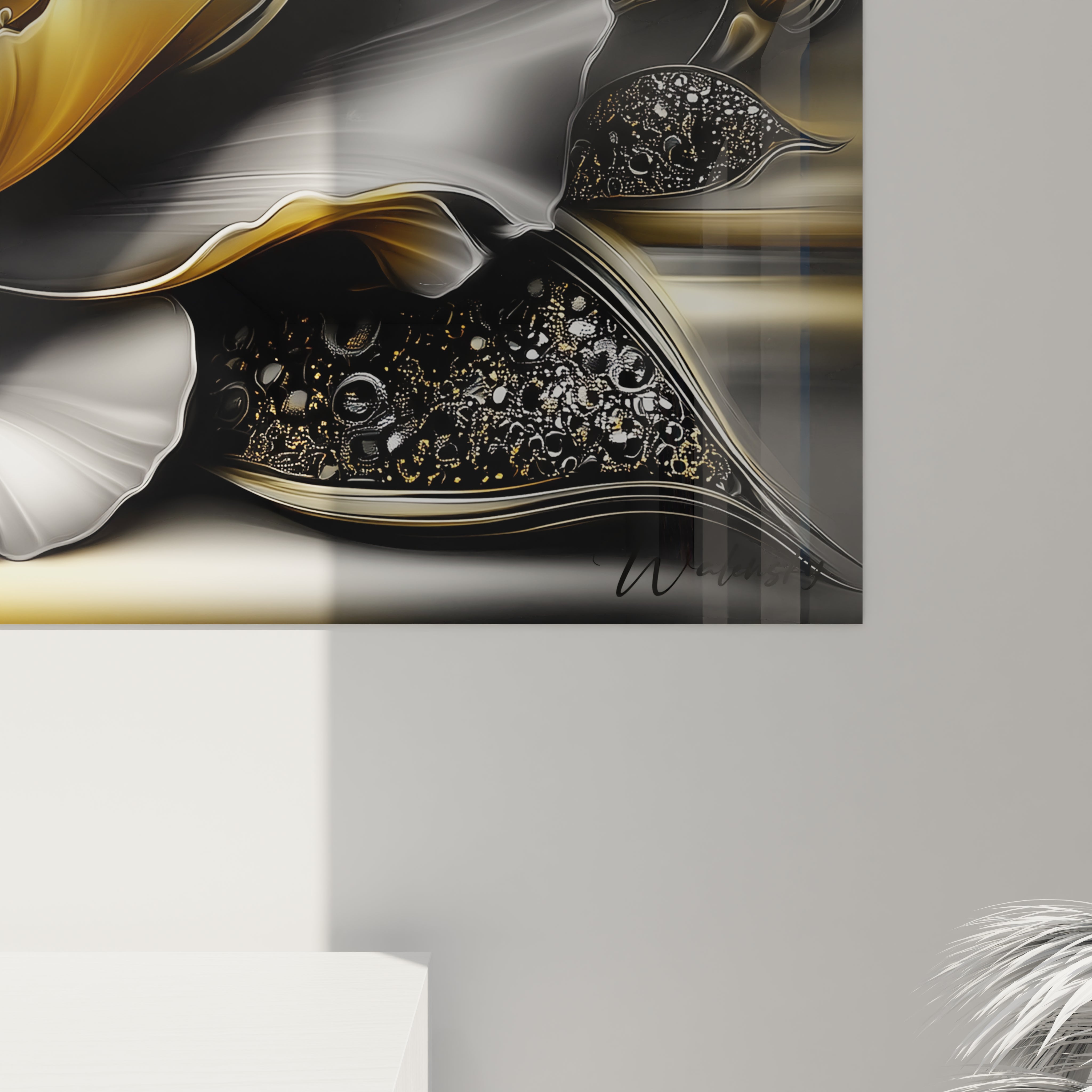 Vue ensemble tableau lotus métallique mural - œuvre art contemporain floral doré argent