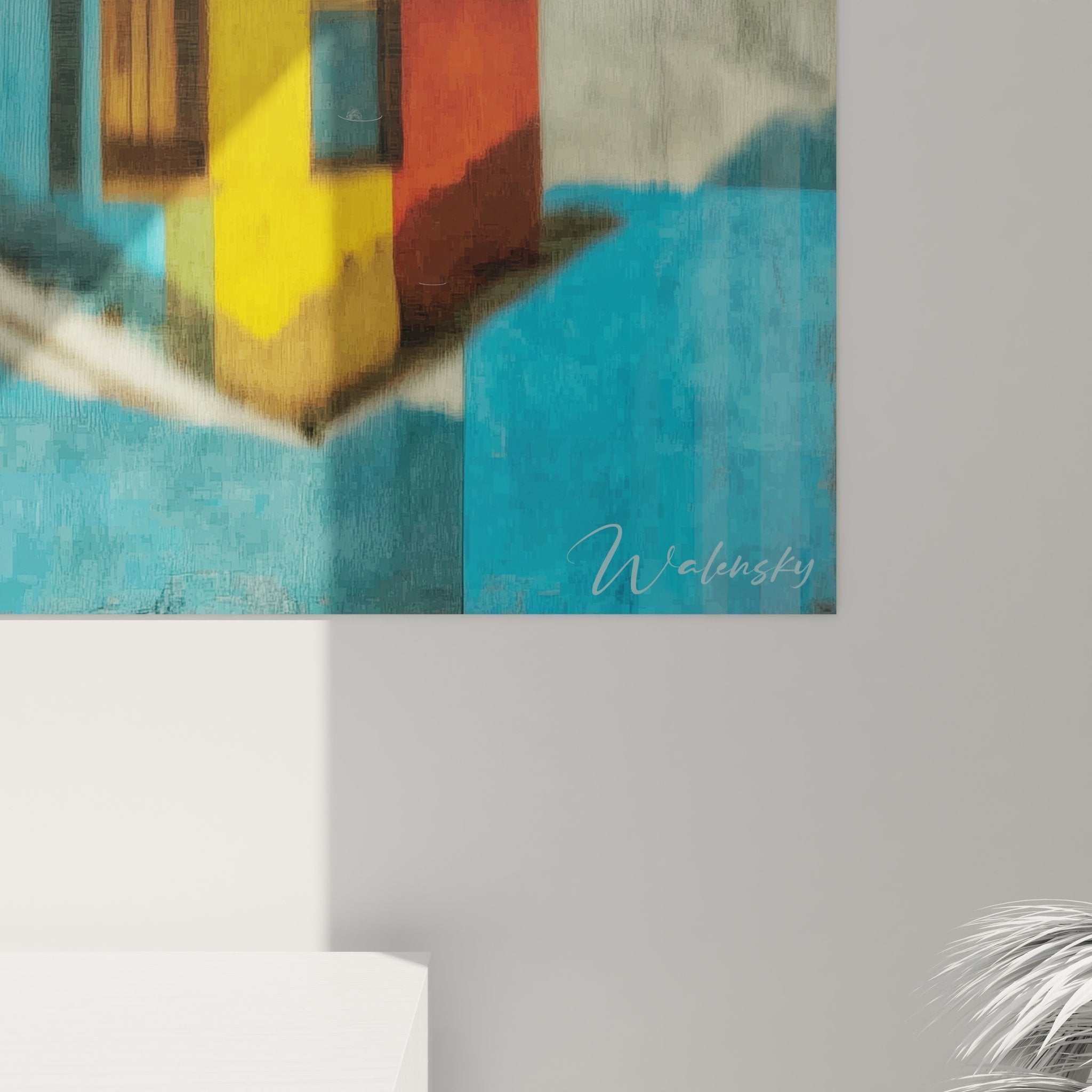 Vue d'ensemble tableau maison isolée désert, œuvre d'art murale reflet eau contemporain