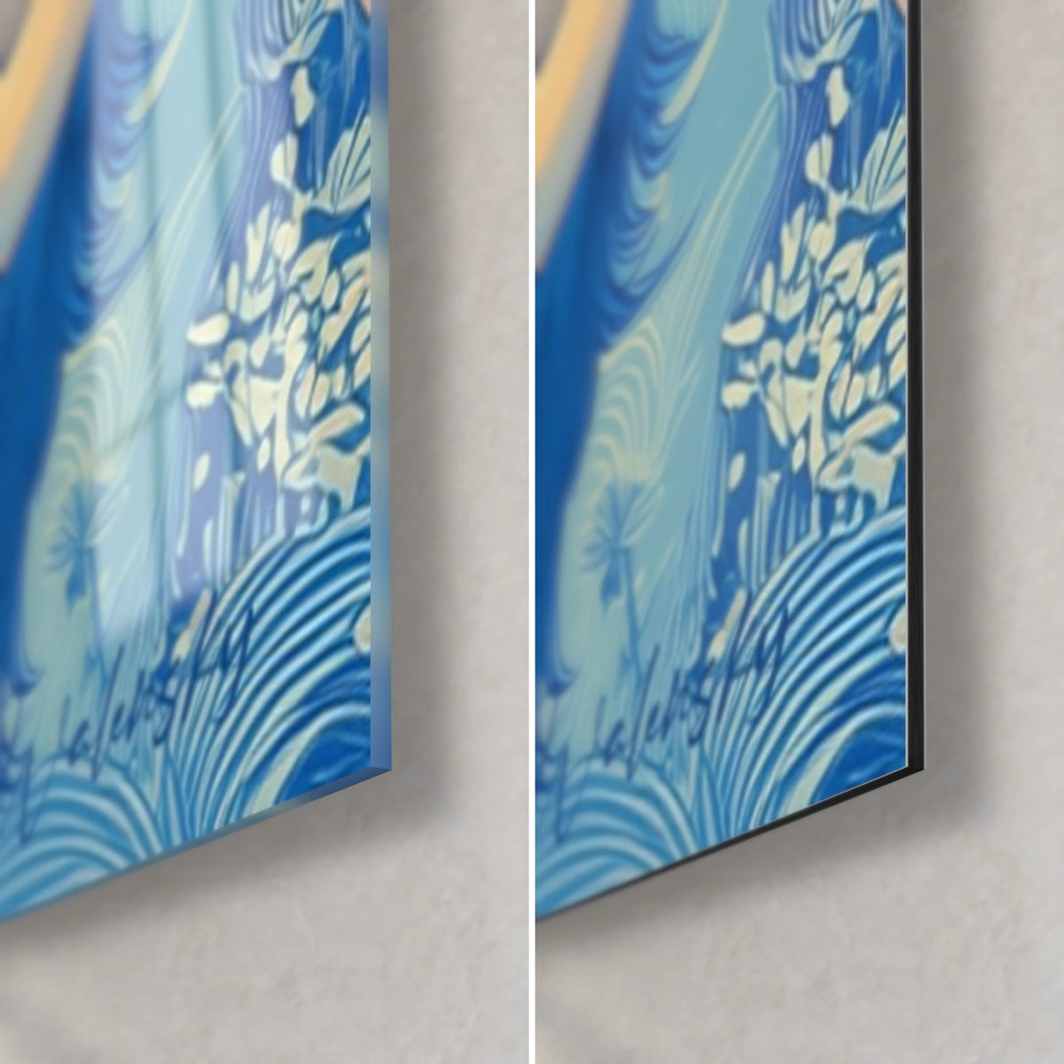 Πίνακας τριχωτός κολοσσός με κυματιστές γραμμές, κάτω δεξιά γωνία: τιρκουάζ και κρεμ floral μοτίβα, γυαλιστερό γυαλί και ματ Dibond