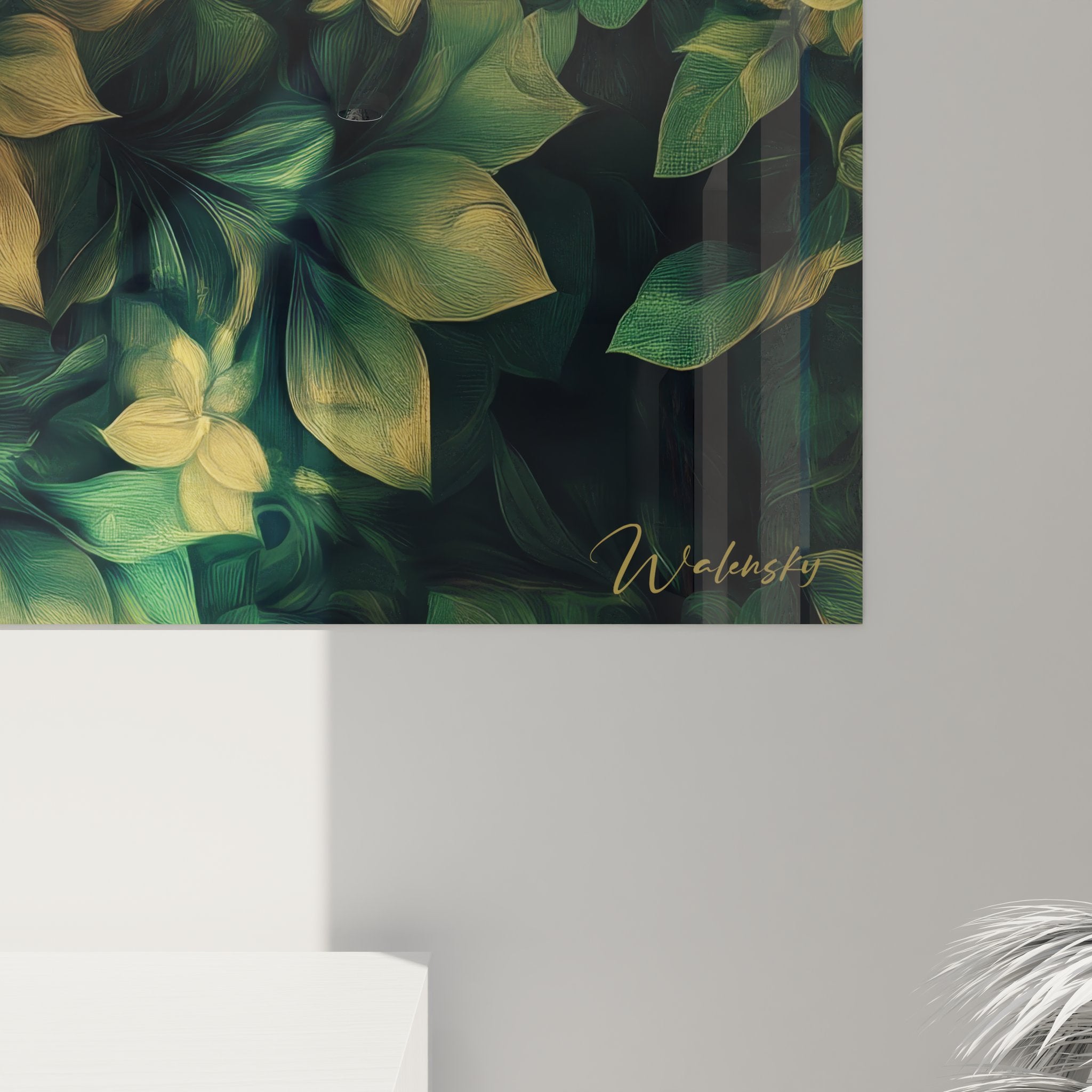 Vue ensemble tableau mural fleur fractale dorée mandala végétal décoration intérieure zen