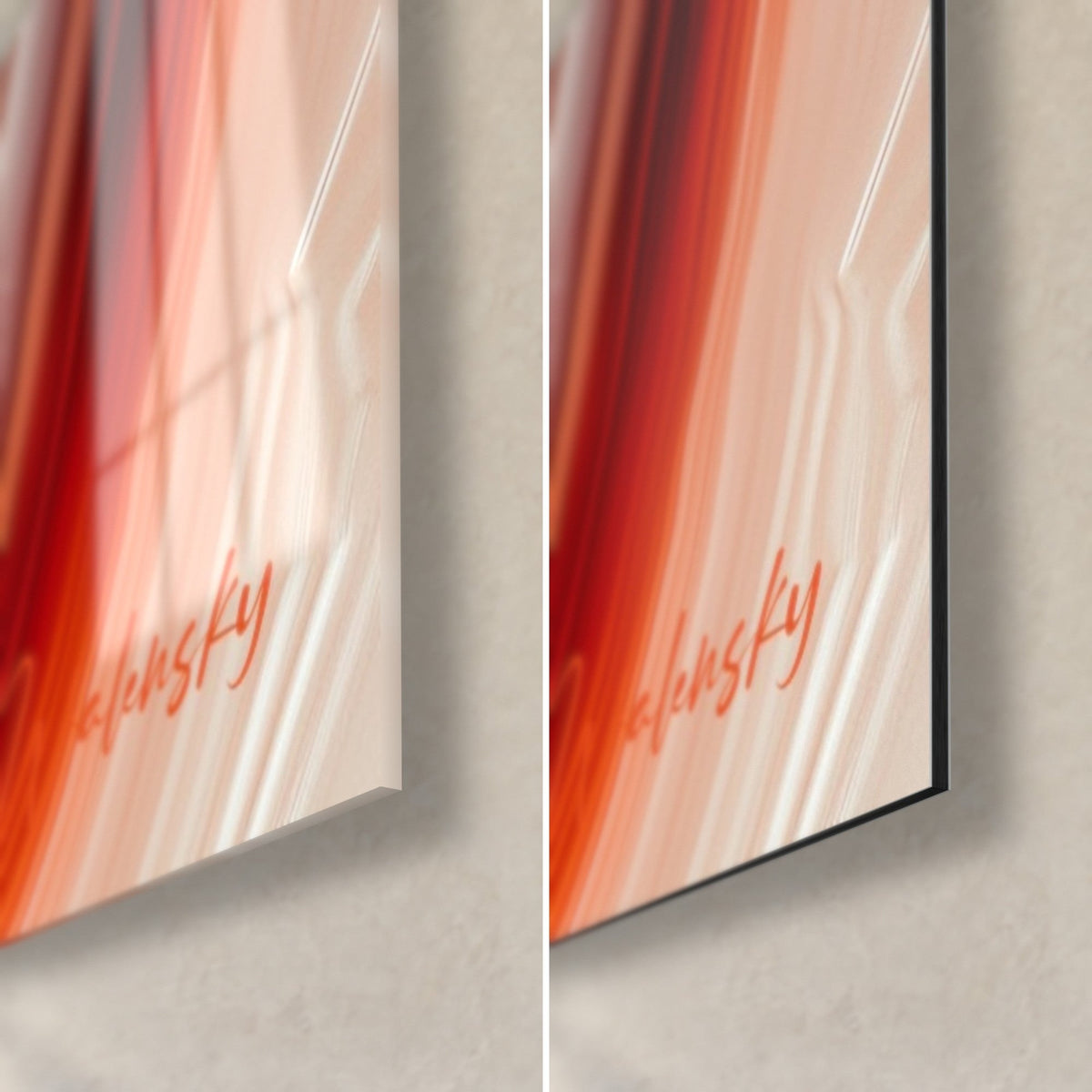 Cuadro de geoda naranja y crema, esquina inferior derecha, cristal brillante con reflejos sobre aluminio Dibond negro mate, canto de 3 mm, firma
