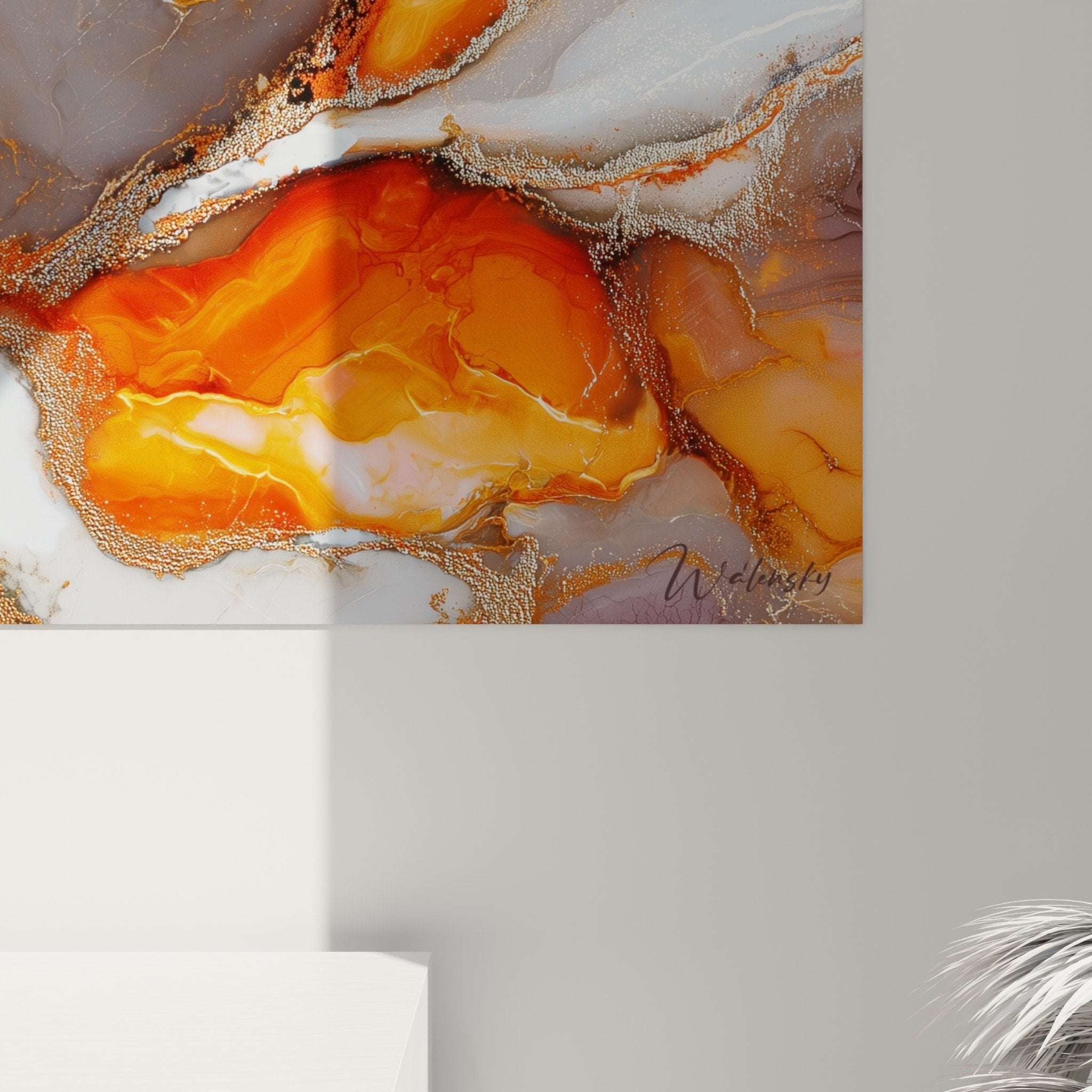 Overview abstract marble painting orange white in contemporary interior