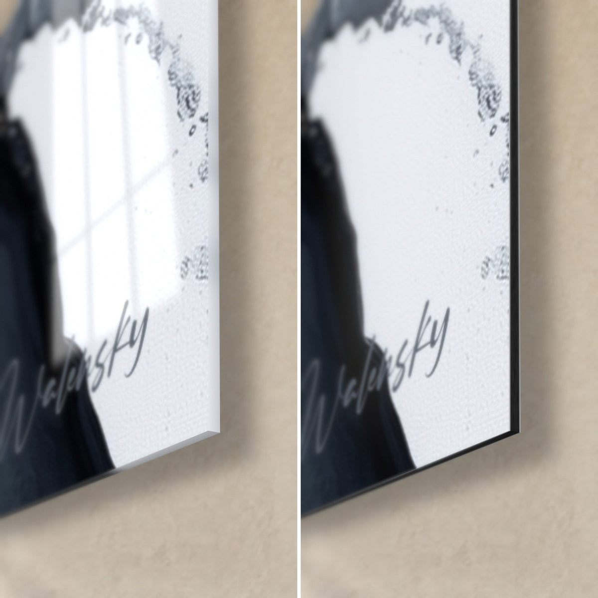 Cuadro de mármol abstracto negro y oro, esquina inferior derecha en vidrio brillante y aluminio Dibond mate, canto fino de 3 mm
