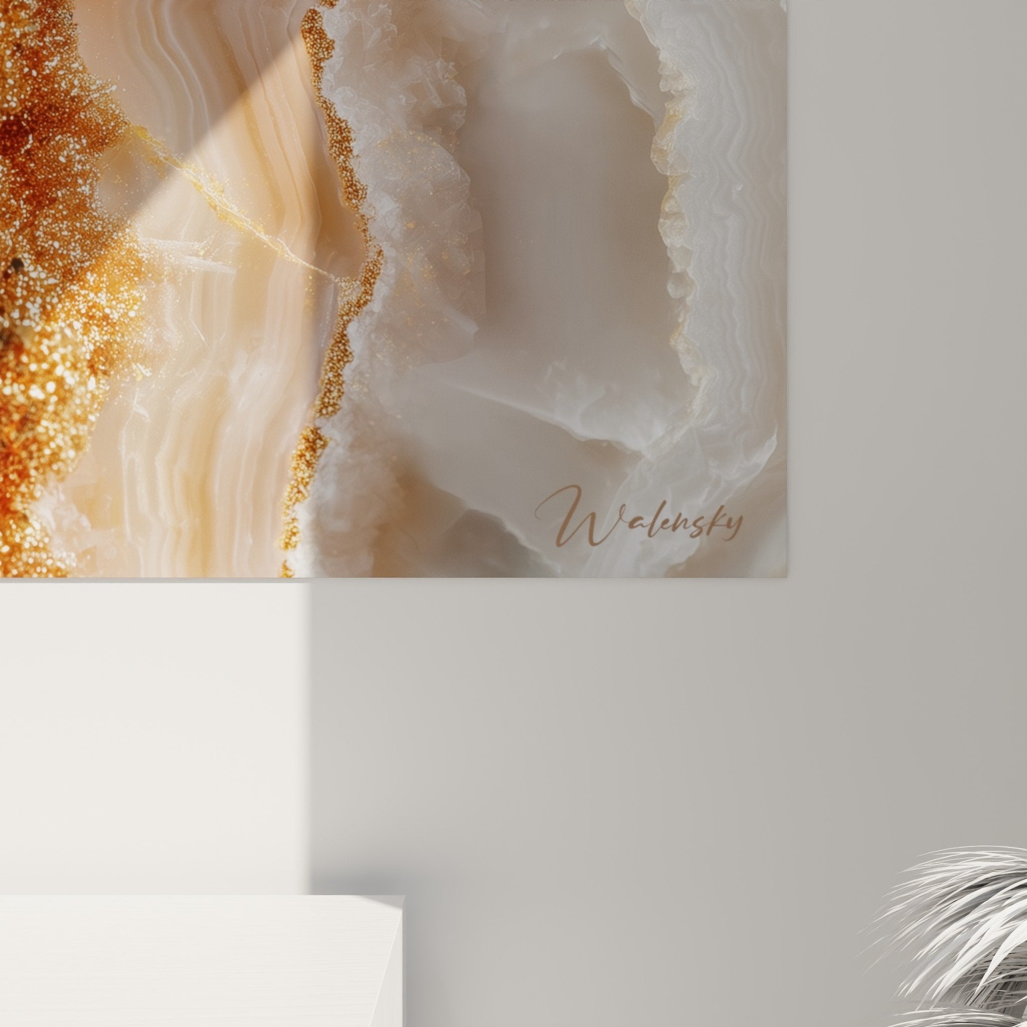 Overview of abstract marble painting with golden reflections in contemporary interior