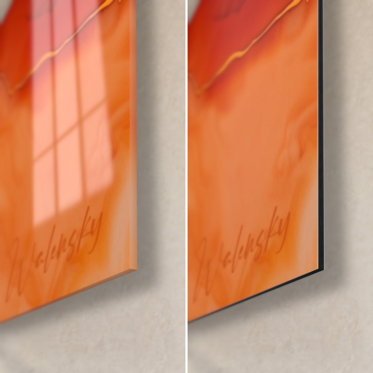Schilderij met gouden aders op oranje en witte stromen, rechtsonder hoek: glanzend acrylglas met reflecties, mat zwart Dibond-aluminium, rand van 3 mm