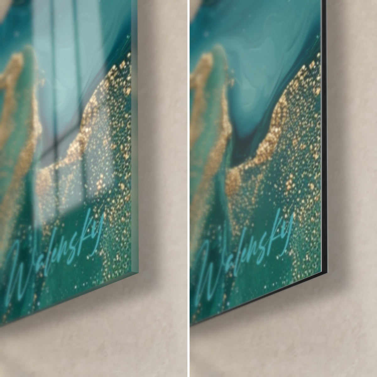 Tableau tourbillons turquoise et or scintillant, coin bas droit : verre acrylique brillant à gauche, Dibond noir mat à droite