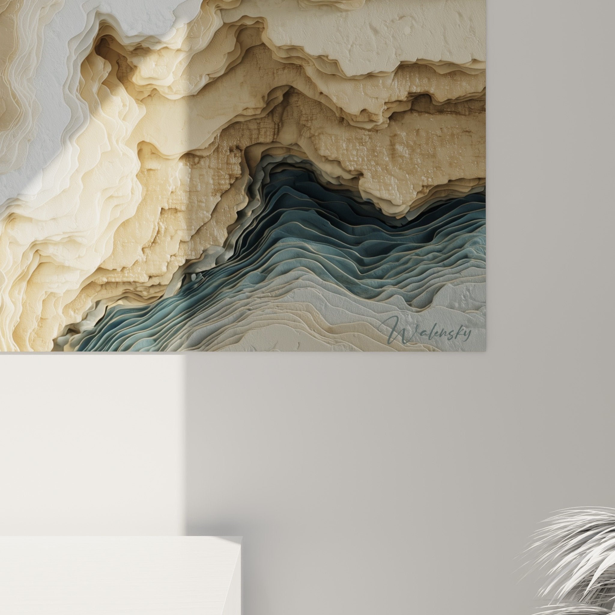 Abstract marble artwork with geological layers in contemporary living room setting