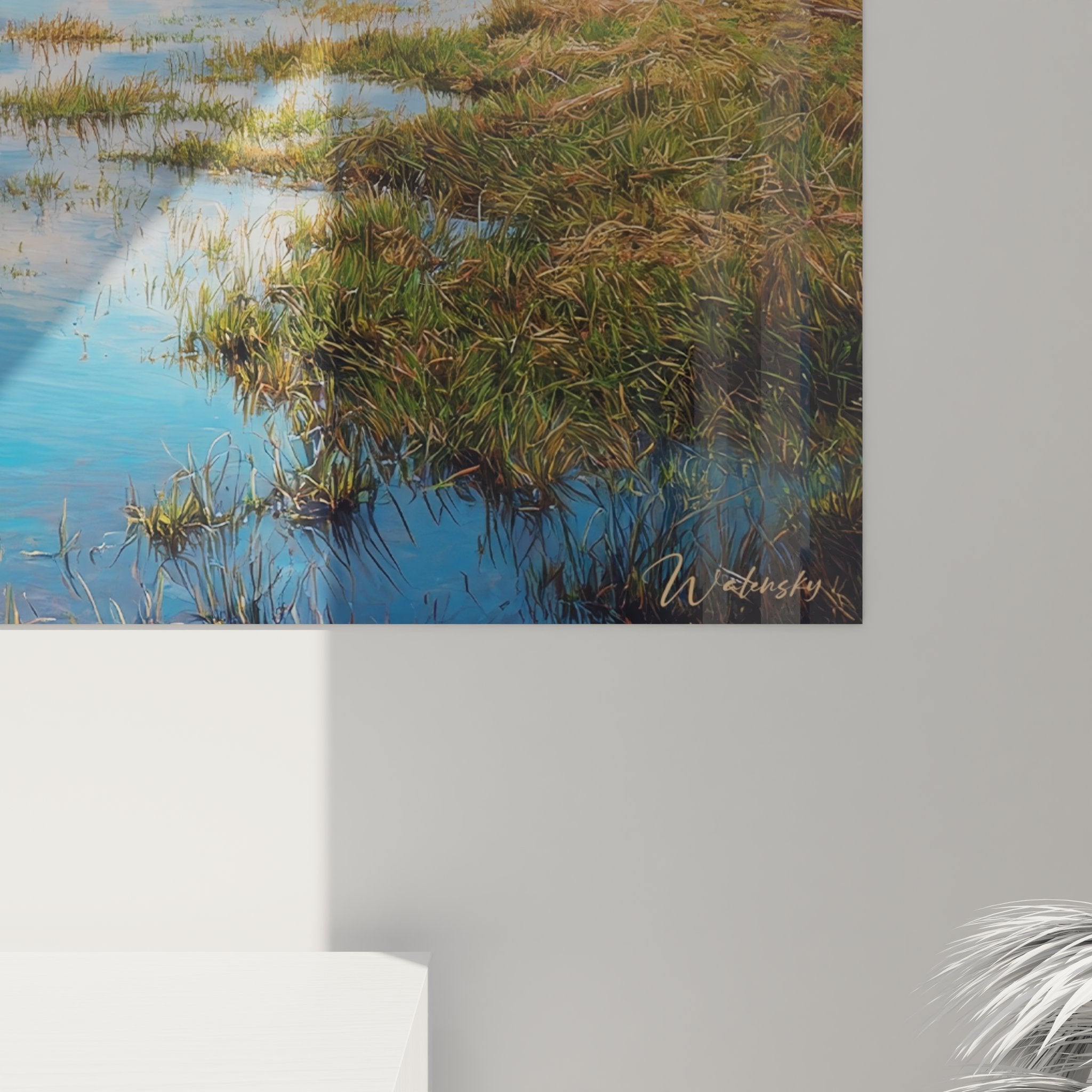 Vue ensemble tableau mural marécage printemps avec reflets azur dans salon moderne