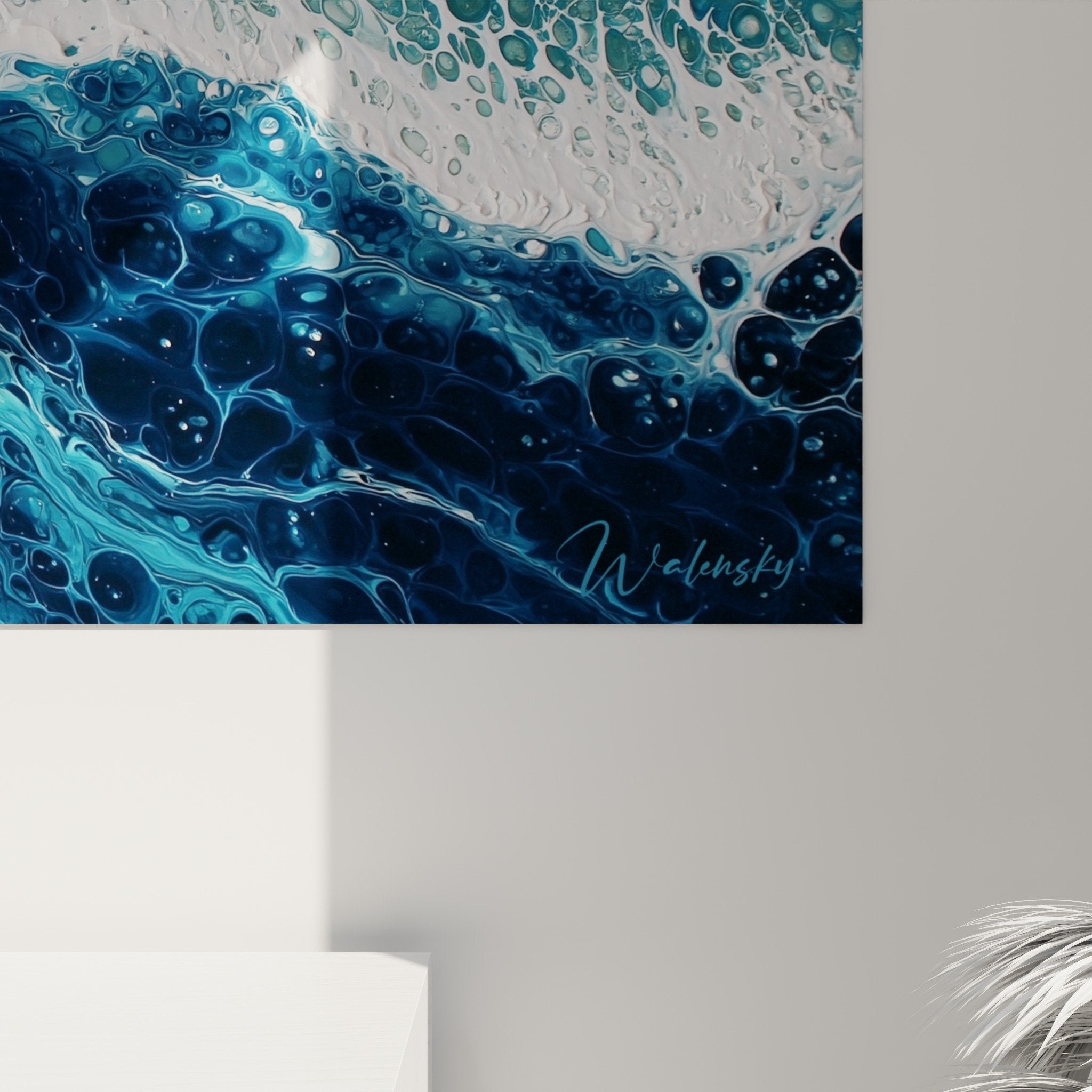 Vue ensemble tableau mural vagues marines turquoise decoration interieur feng shui nord