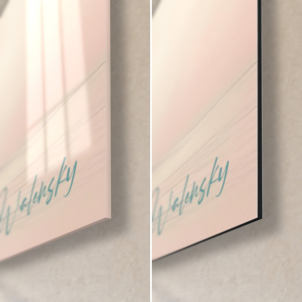 Wall art carmine ship, bottom right corner: turquoise Walensky signature, glossy acrylic glass on the left, matte black Dibond on the right