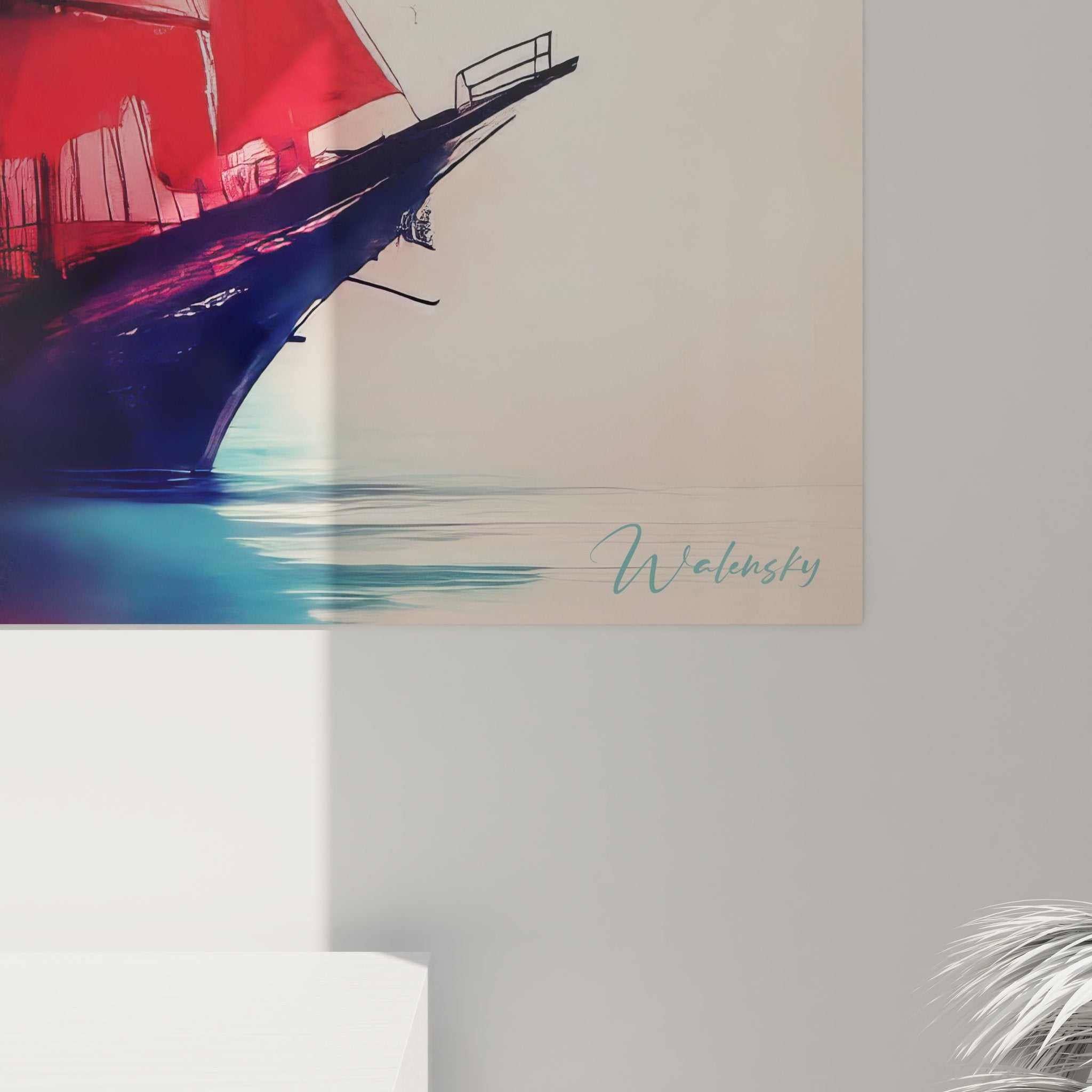Vue d'ensemble tableau mural bateau tempête rouge, décoration maritime spirale abstraite complète