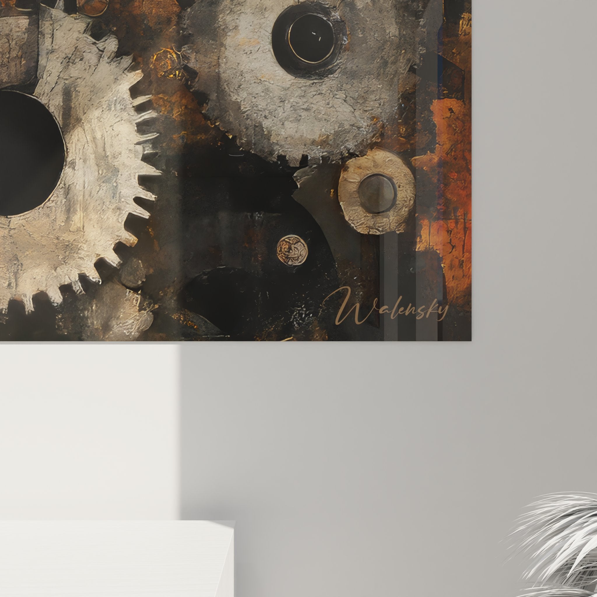 Vue ensemble tableau mural mécanismes industriels engrenages vintage décoration murale