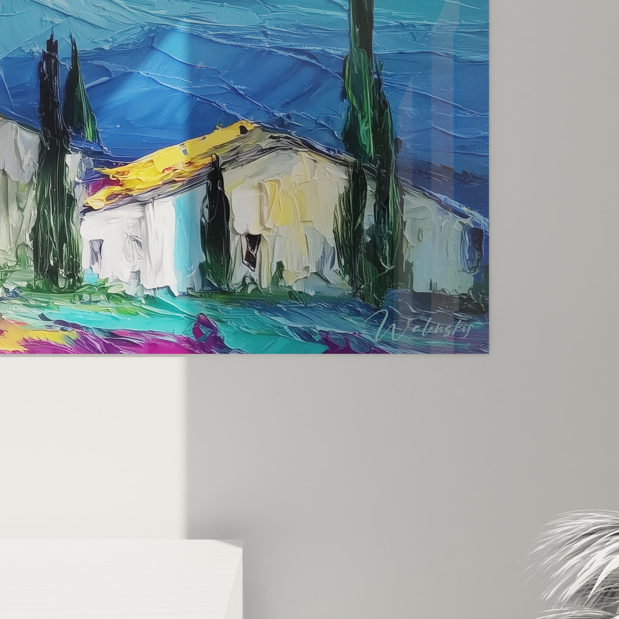 Vue ensemble tableau mural paysage méditerranéen volcanique maisons cyprès champs colorés montagne