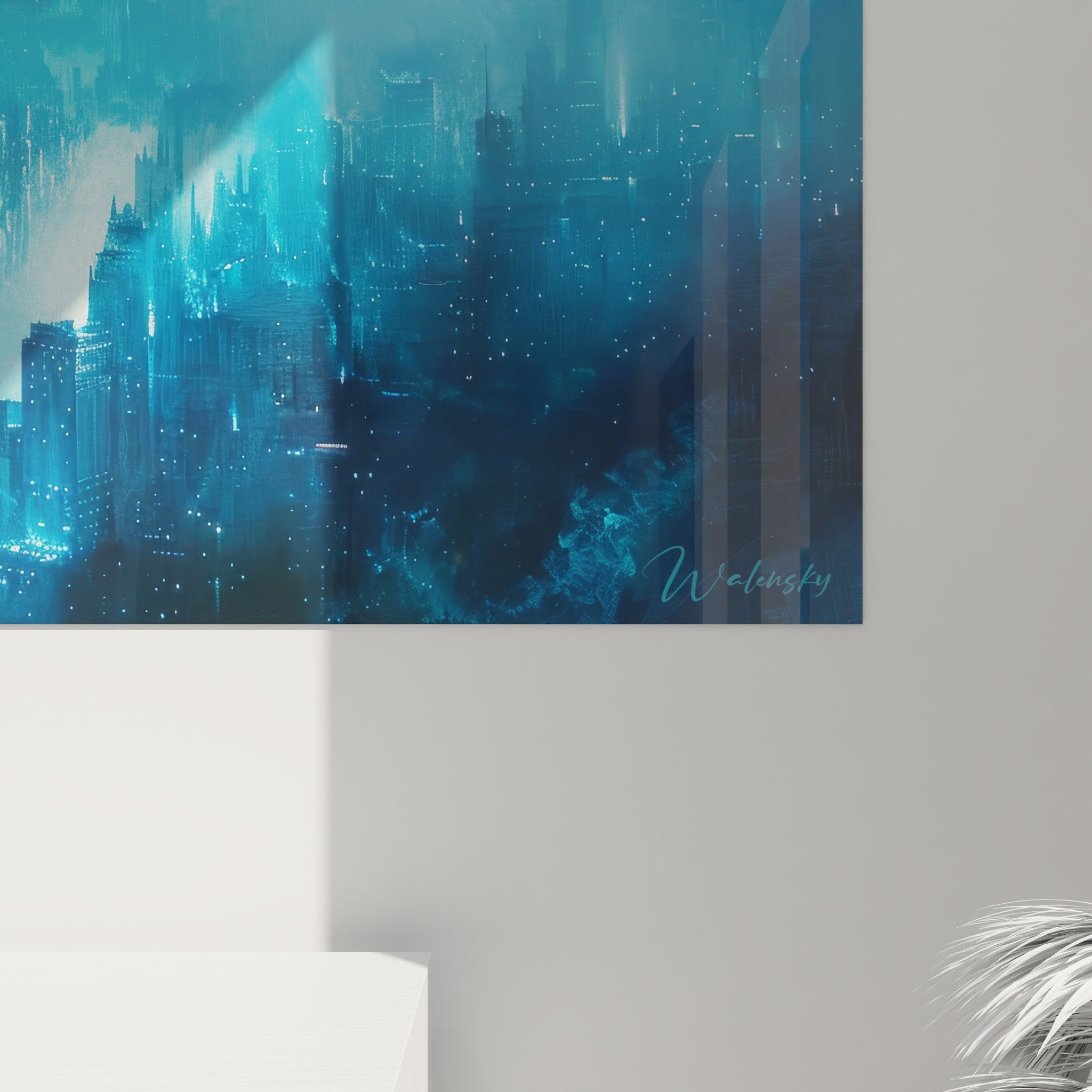 Vue ensemble tableau mural métropole futuriste decoration intérieure moderne bleue