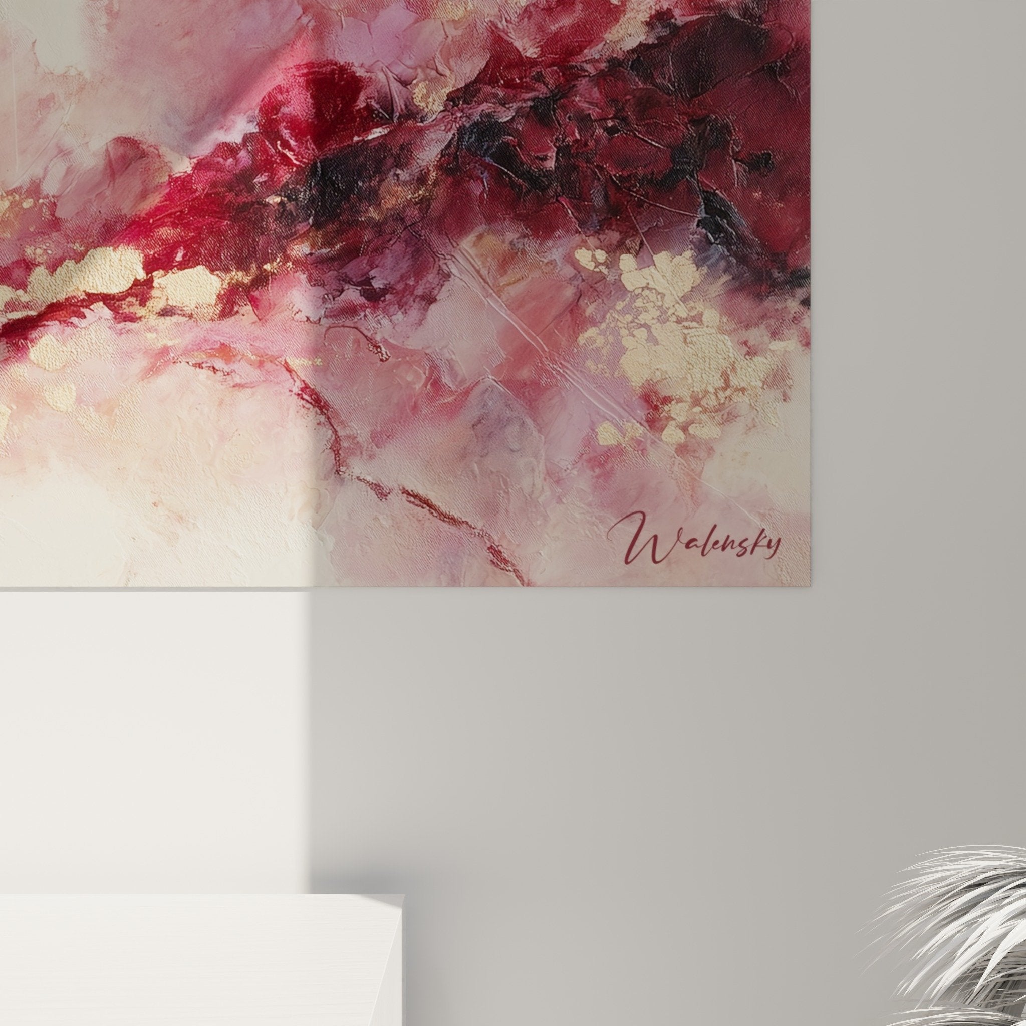 Vue d'ensemble du tableau abstrait minéral aux tons roses et dorés feng shui sud-ouest terre
