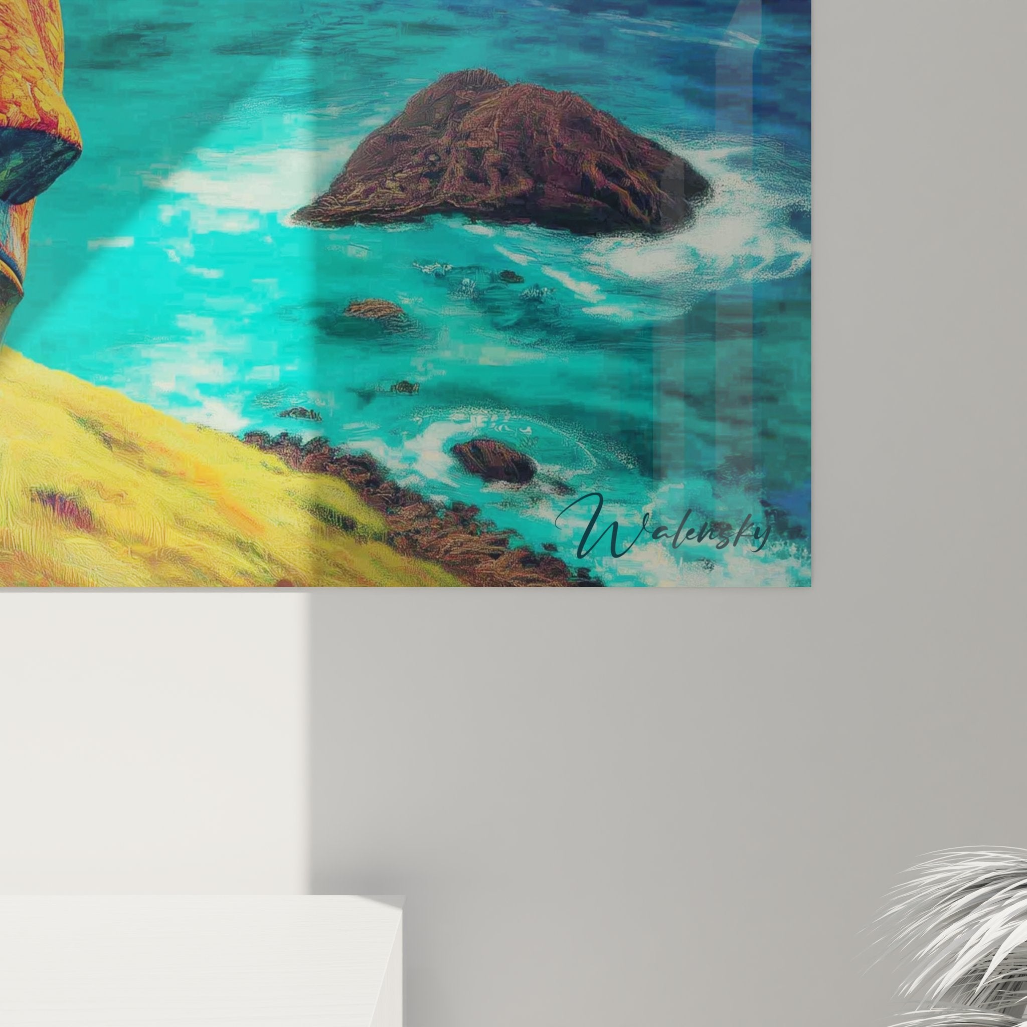 Vue ensemble tableau mural Moaï - Œuvre décorative complète inspiration Île de Pâques