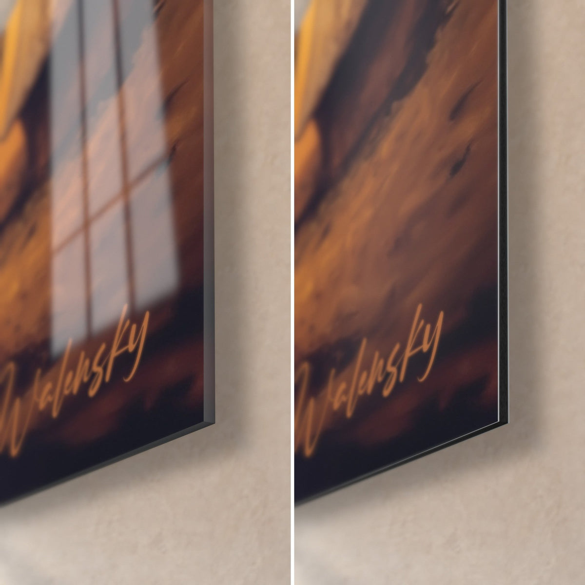 Wall art of stone giants against red and navy skies, bottom right corner in glossy glass reflecting the window, and matte Dibond