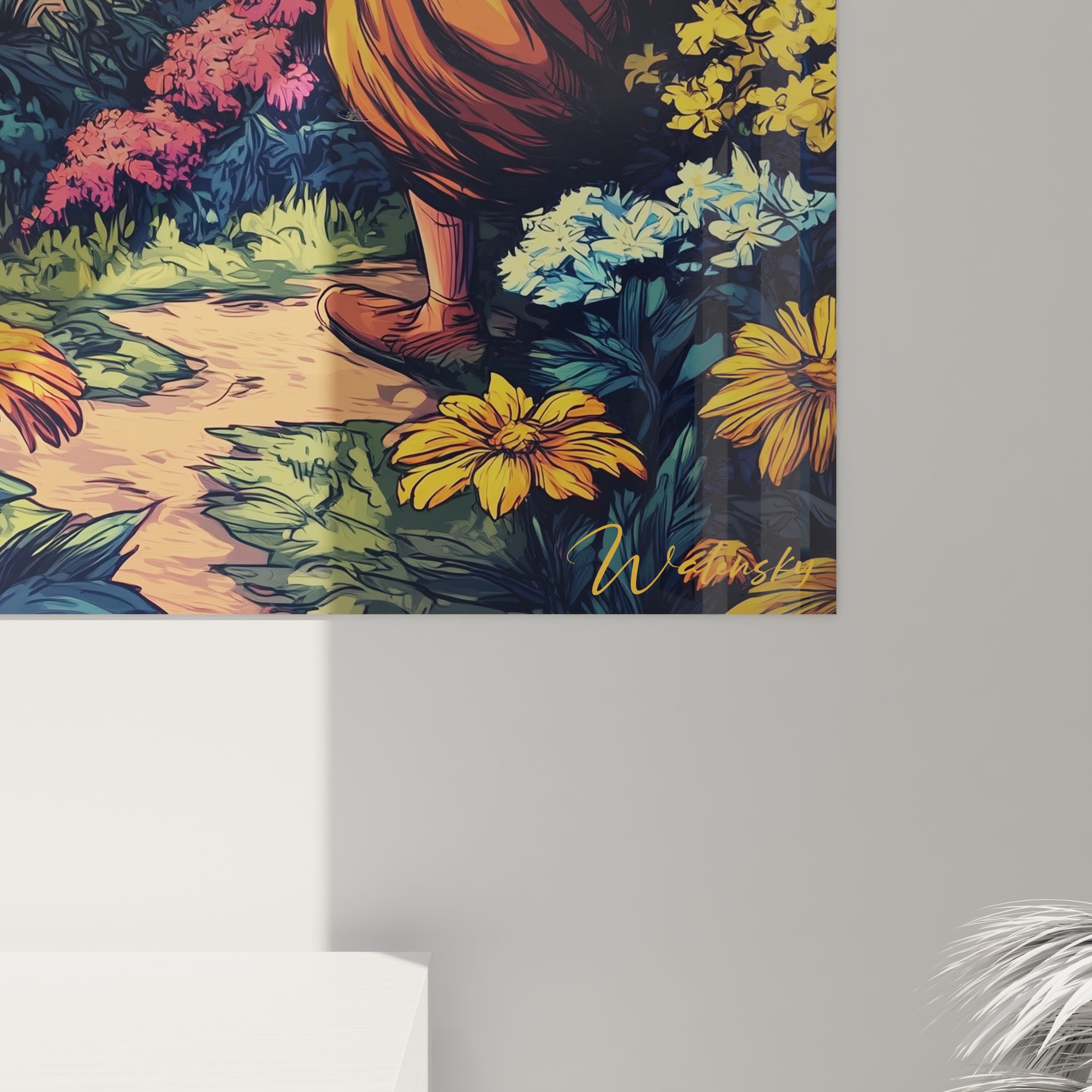 Vue ensemble tableau mural moine tropical bande dessinée avec fleurs exotiques et paysage coloré